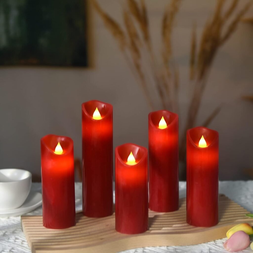 LED kaarsen set van 5 rode flameless stompkaarsen op batterij, sfeerverlichting zonder vlam