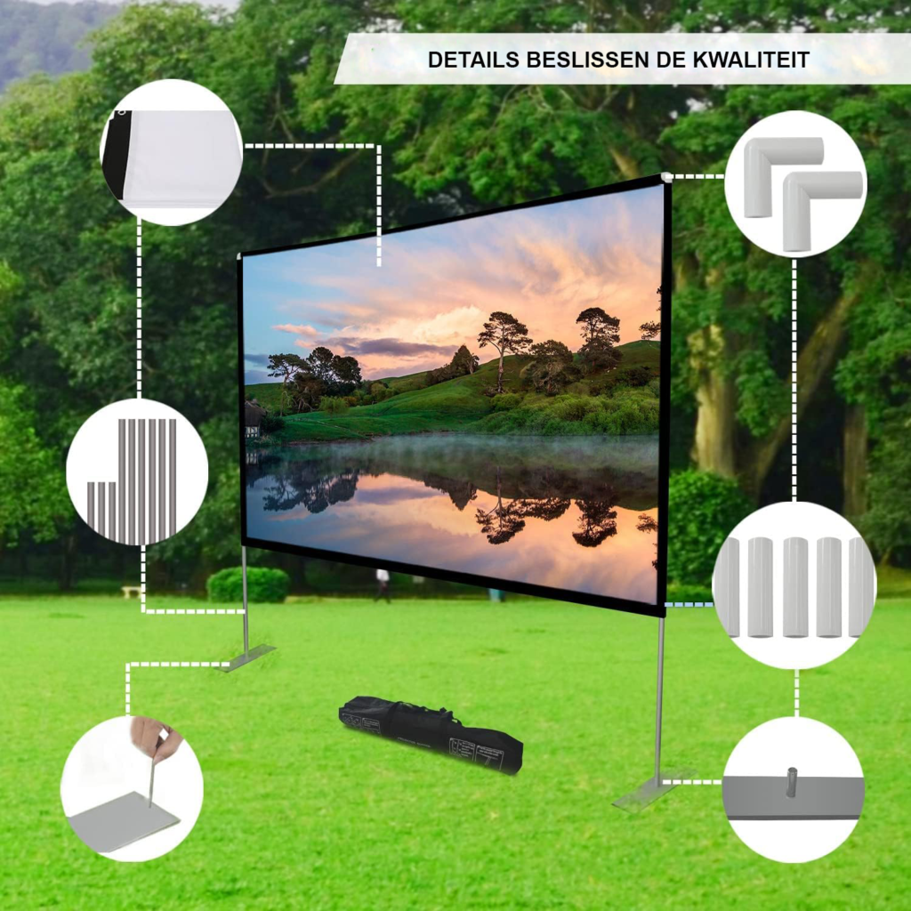 Draagbaar projectiescherm met statief 100 inch, 16:9 4K HD filmscherm voor binnen, buiten en thuisbioscoop gebruik