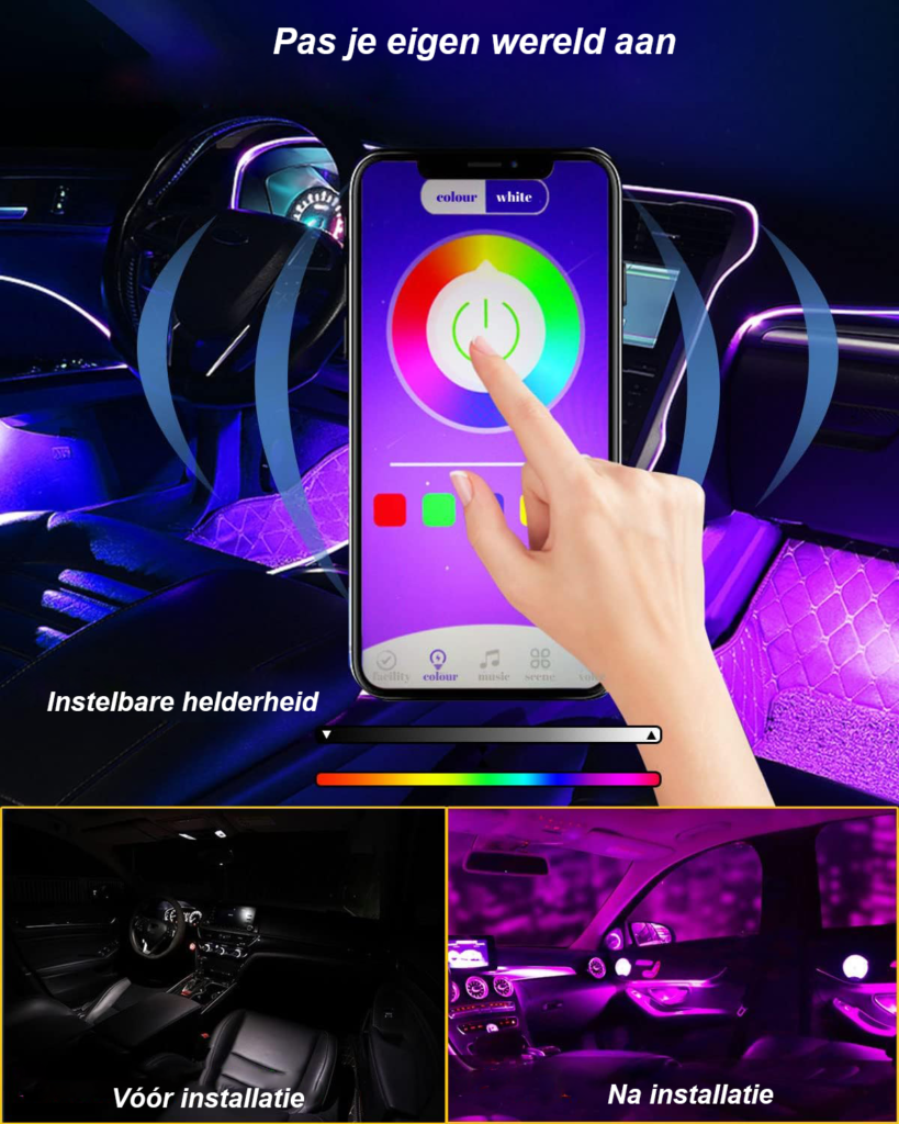 Auto interieur LED verlichting set met draadloze bediening en muziekmodus
