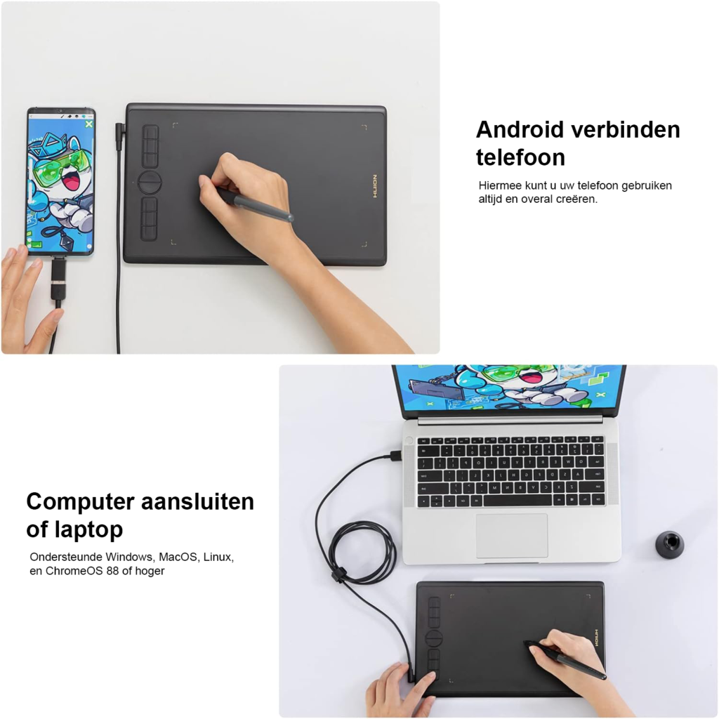 Digitaal schrijftablet met 8192 drukniveaus en 8 aanpasbare sneltoetsen voor tekenen en schrijven