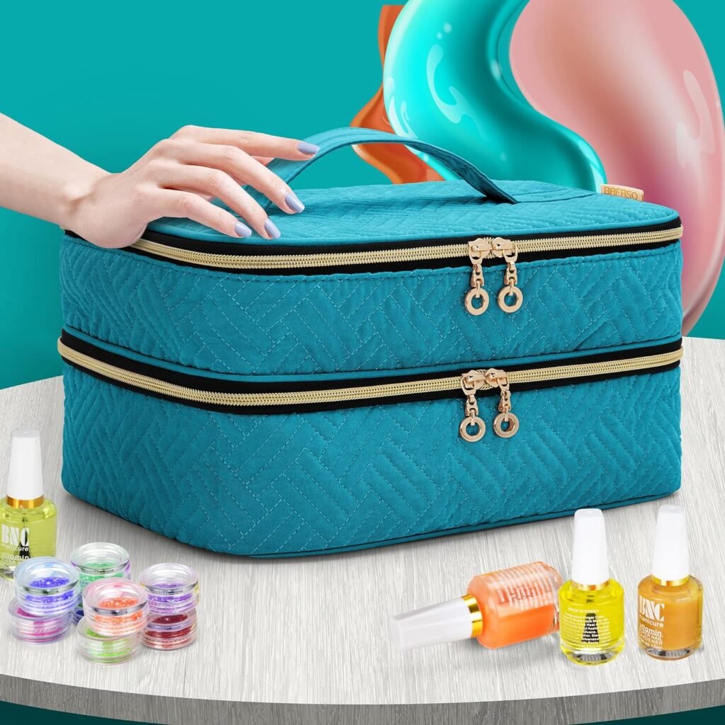 Nagellak organizer tas met twee lagen voor 40 flesjes, manicure tool opbergvakken in teal kleur