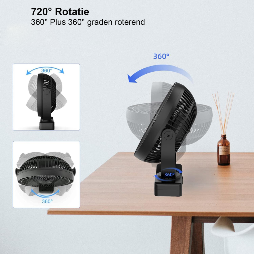 USB ventilator met oplaadbare batterij en clip, 8 inch, voor camping en kinderwagen