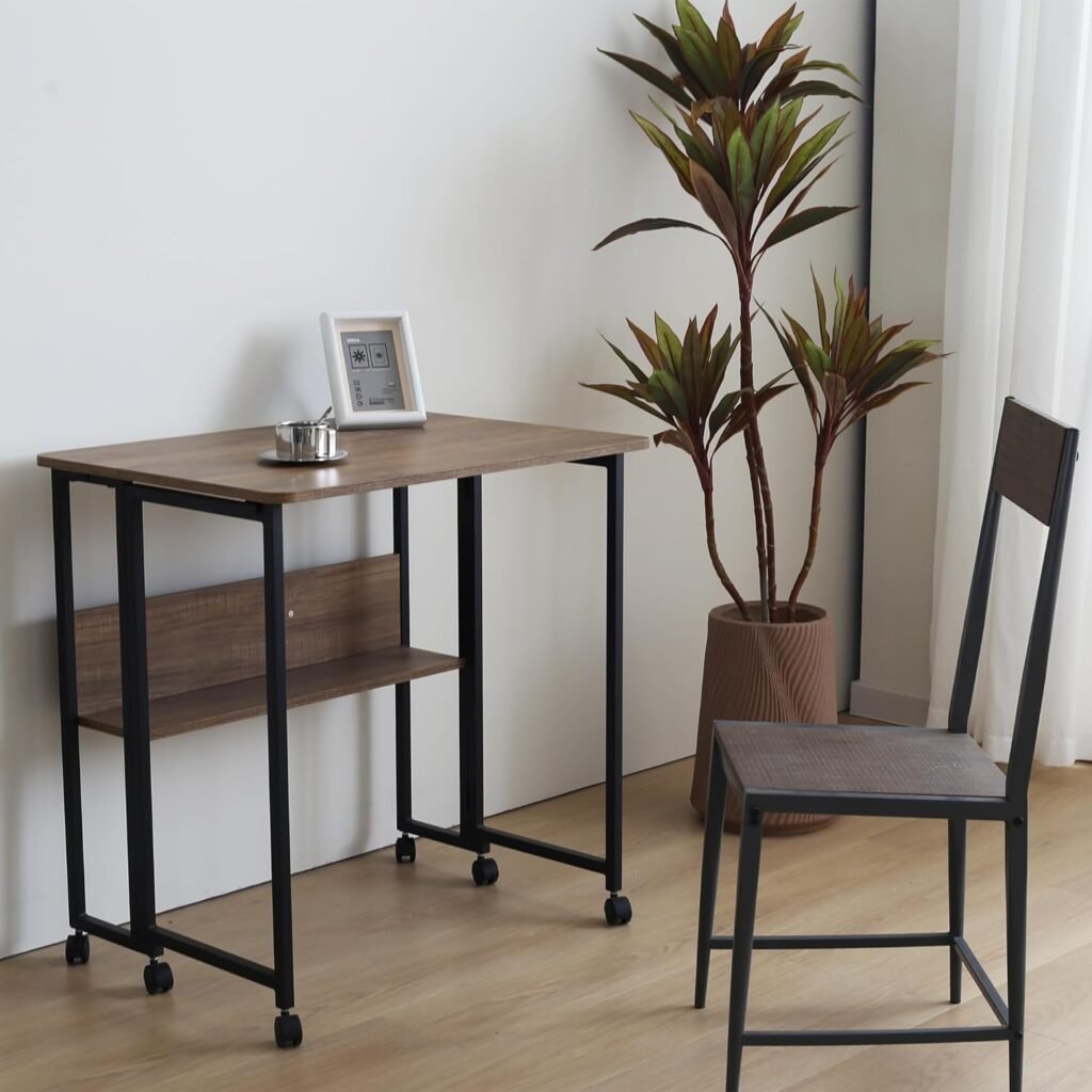 Opvouwbaar bureau met wielen donkerbruin met zijplank voor thuiswerkplek 80 x 58 x 75 cm