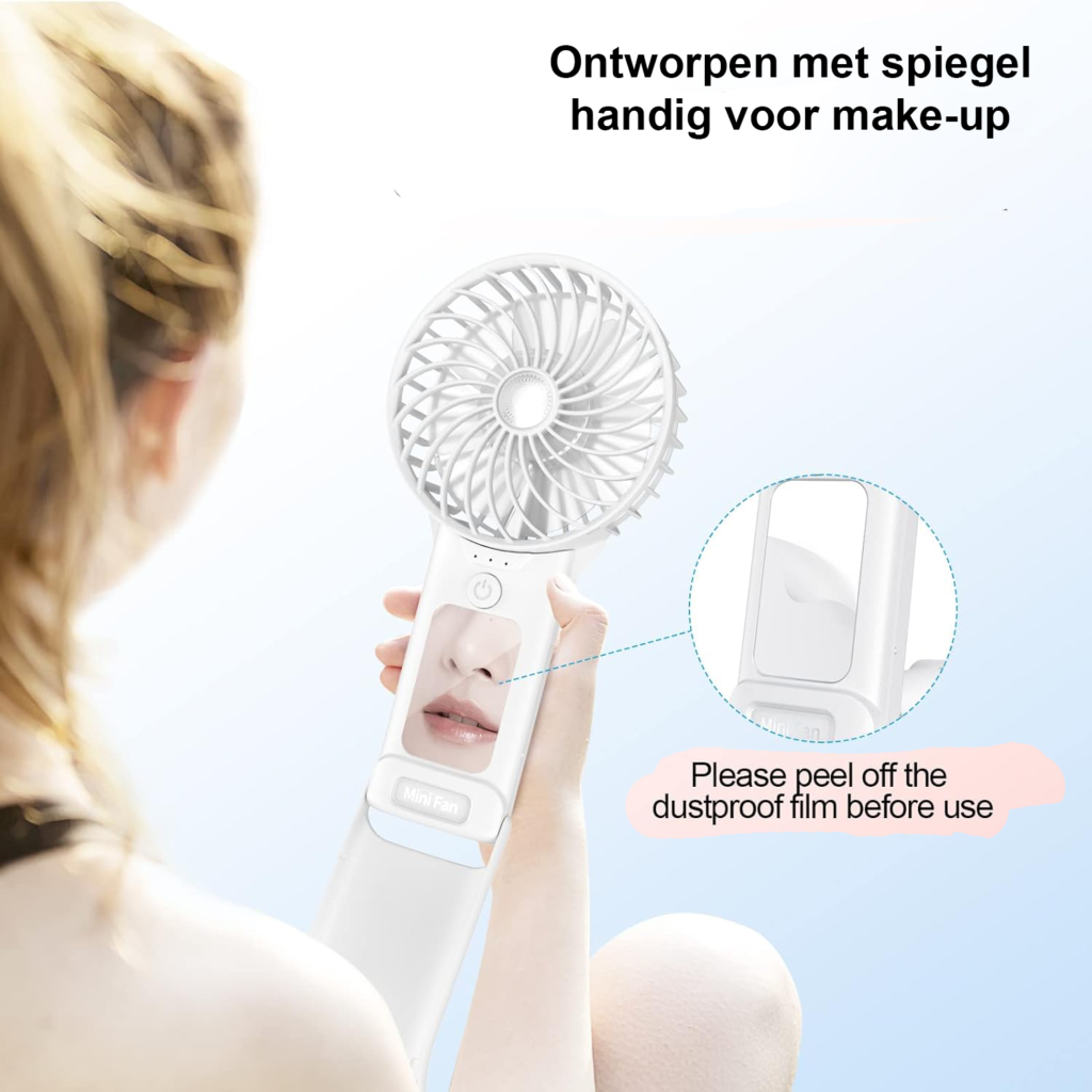 Mini handventilator met spiegel, USB-oplaadbaar, 4 snelheden, 2000 mAh, lichtblauw