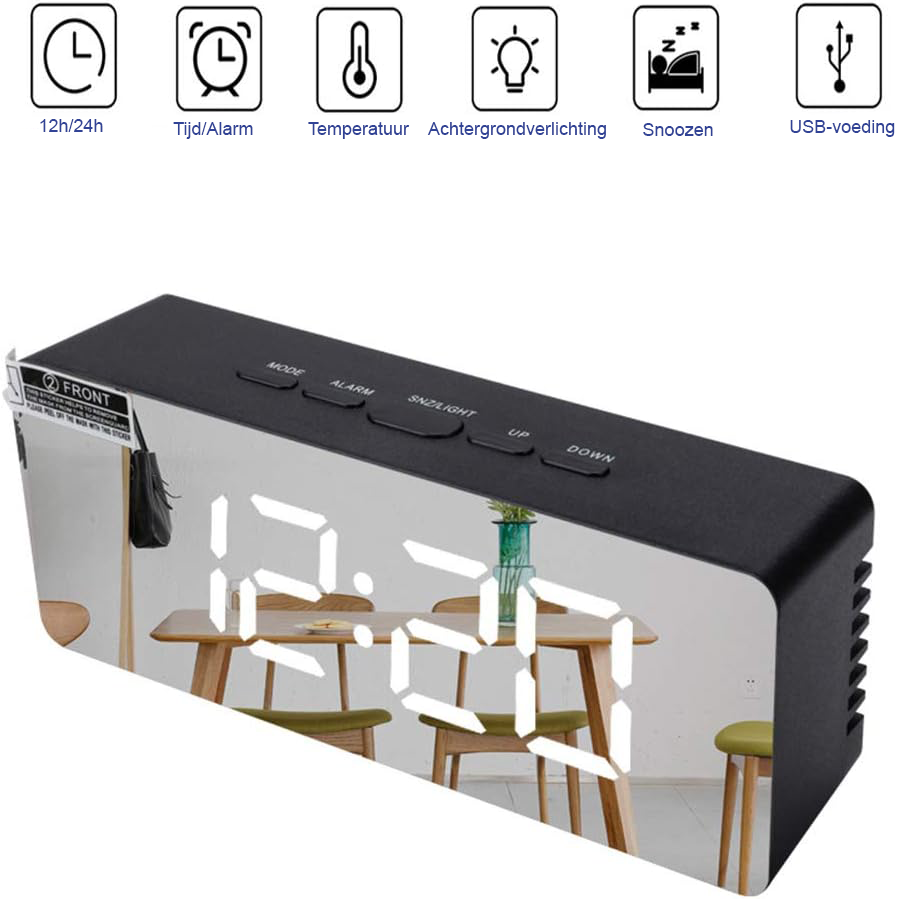LED spiegelklok met digitale wekker, temperatuurweergave en instelbare helderheid