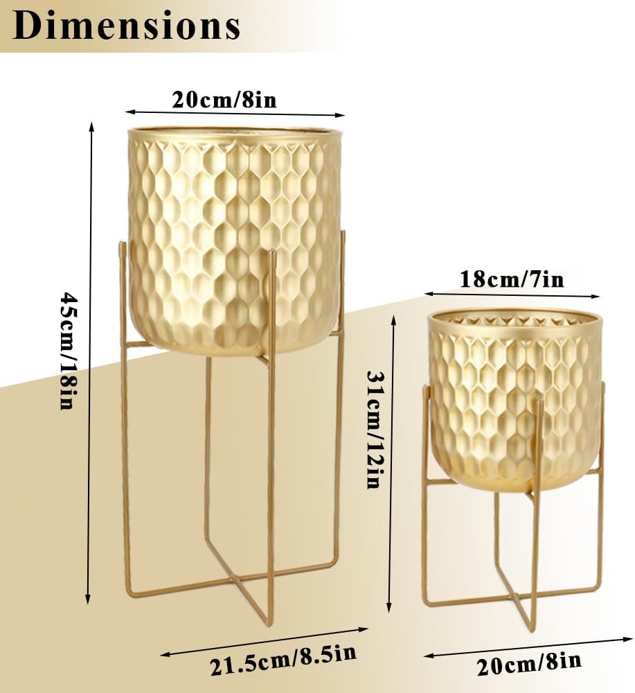 Set van 2 gouden metalen bloempotten met standaard voor binnen en buiten, plantenhouders van 31 cm en 45 cm.