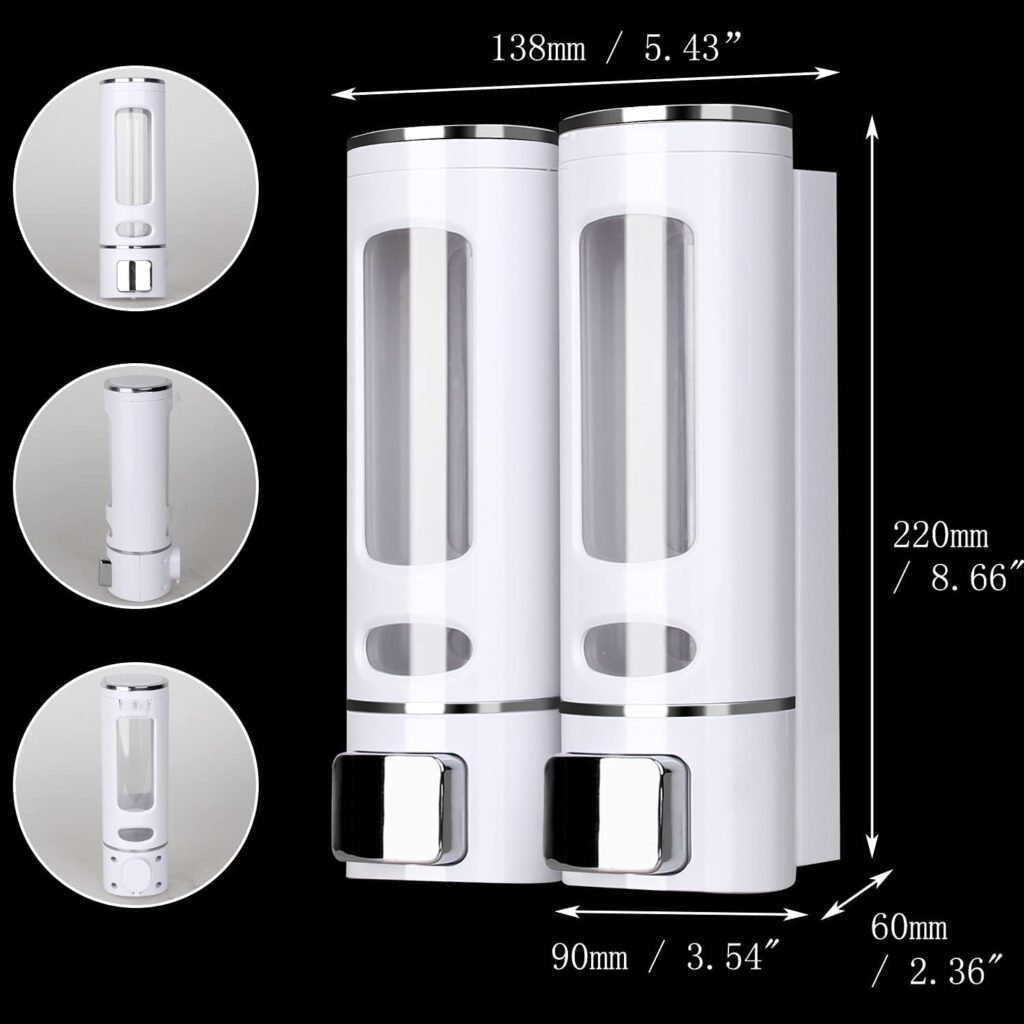 Witte zeepdispenser set 2x 400 ml van ABS kunststof voor douchegel, shampoo en handzeep, handmatige wanddispenser voor badkamer en toilet.