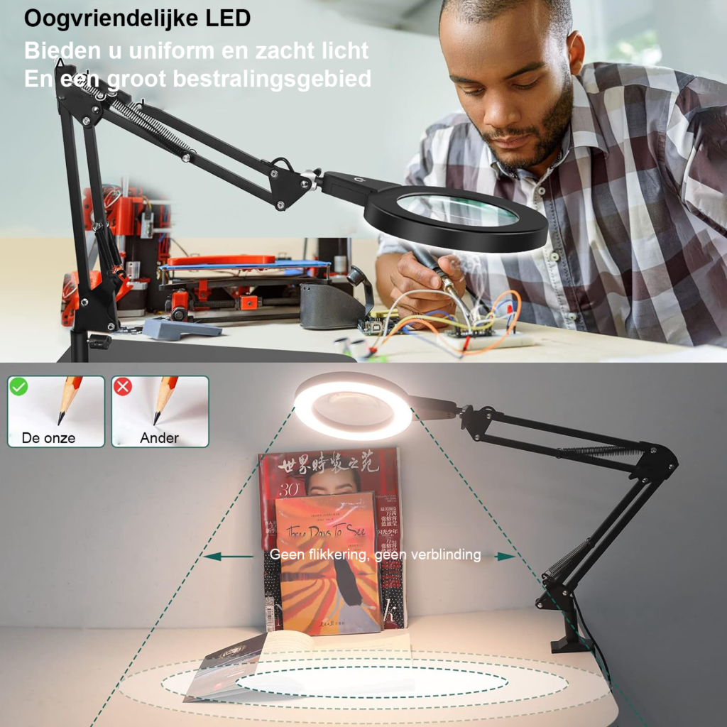 Vergrootglas bureaulamp met LED verlichting en verstelbare arm