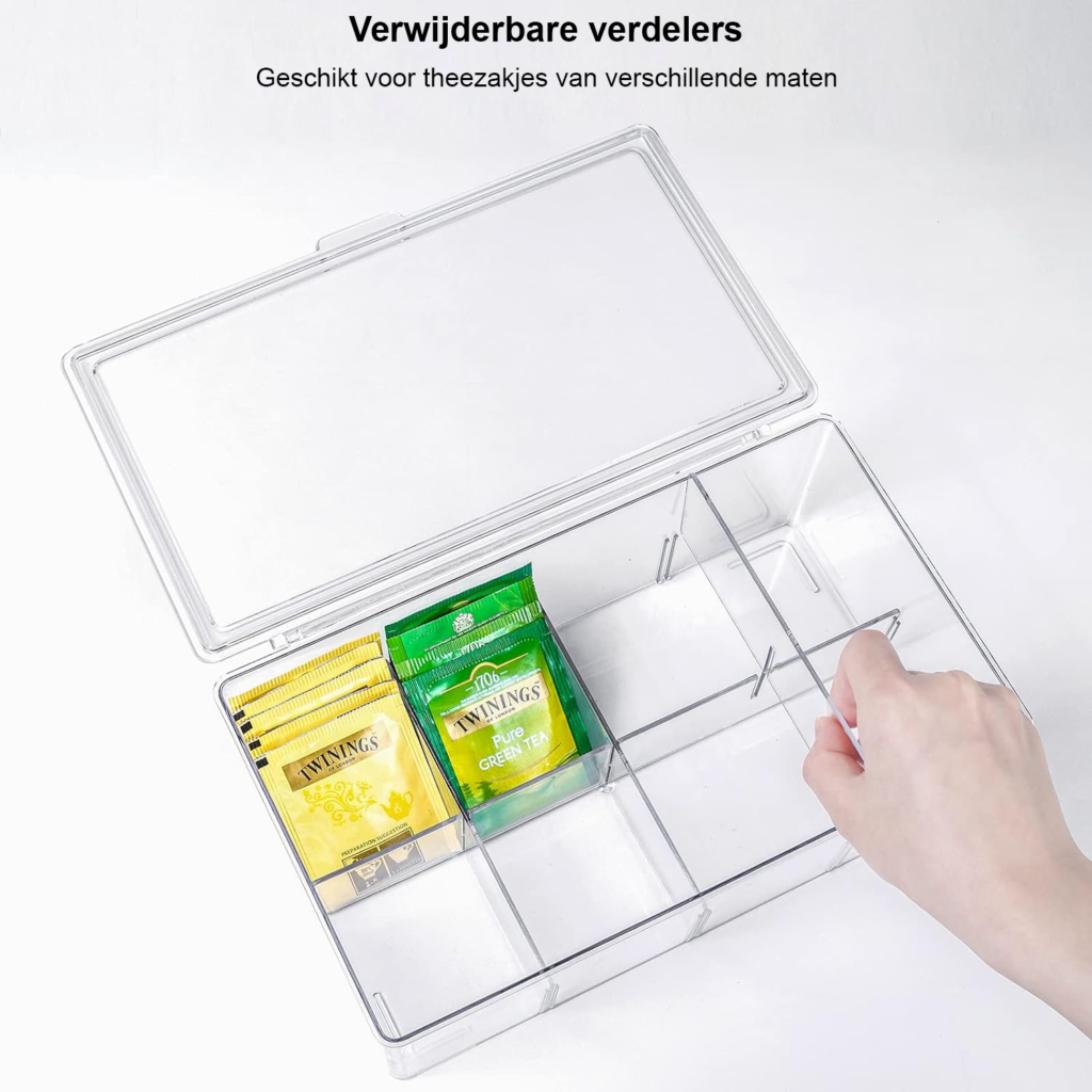 Stapelbare theezakjeshouder met 6 compartimenten van transparant kunststof
