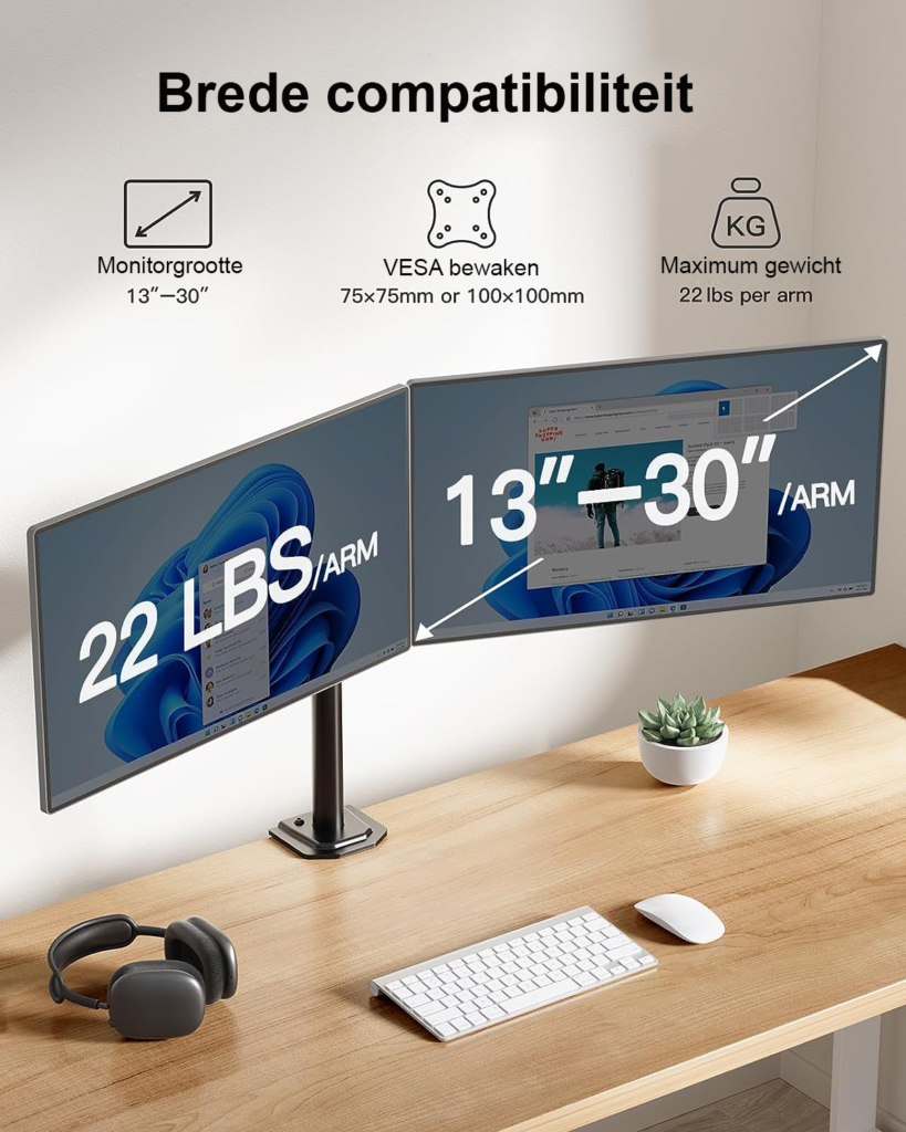 Dubbele monitorarm voor 2 schermen tot 32 inch, verstelbare schermhouder voor bureau montage