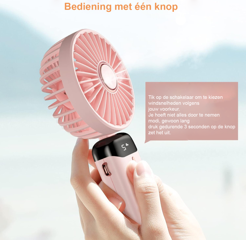 Draagbare oplaadbare handventilator met opvouwbaar ontwerp en standaard