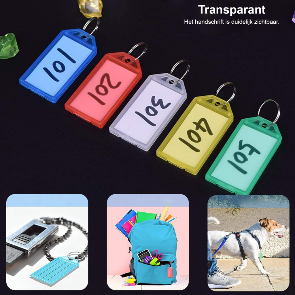 Set van 25 schrijfbare sleutelhangers in 5 kleuren met labels voor thuis, kantoor, huisdier en koffer
