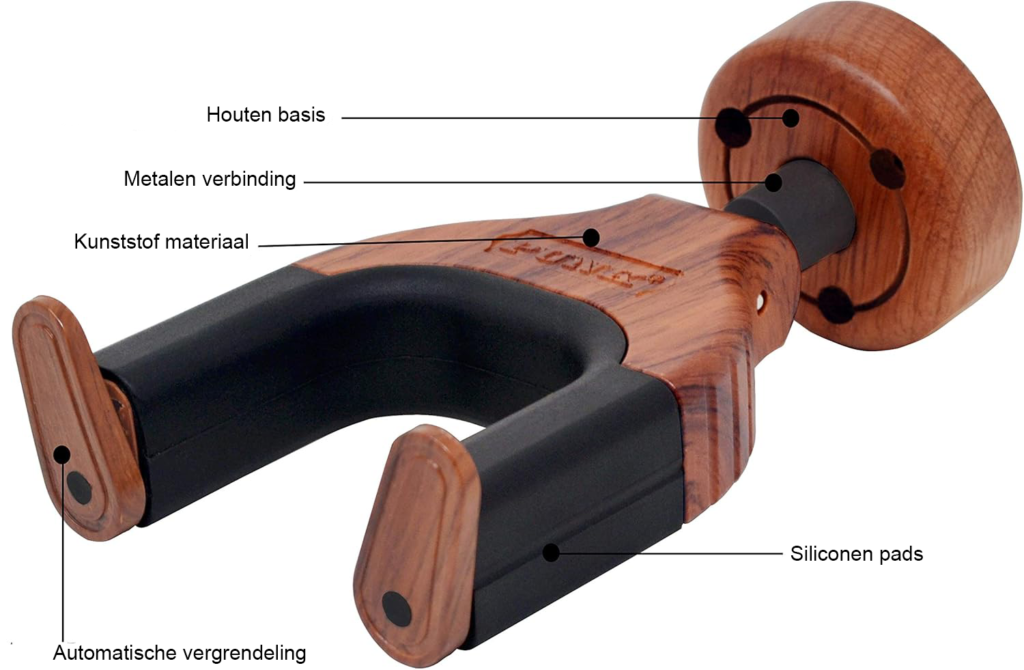Gitaar wandhouder met automatisch sluitmechanisme en houten basis voor gitaar en basgitaar