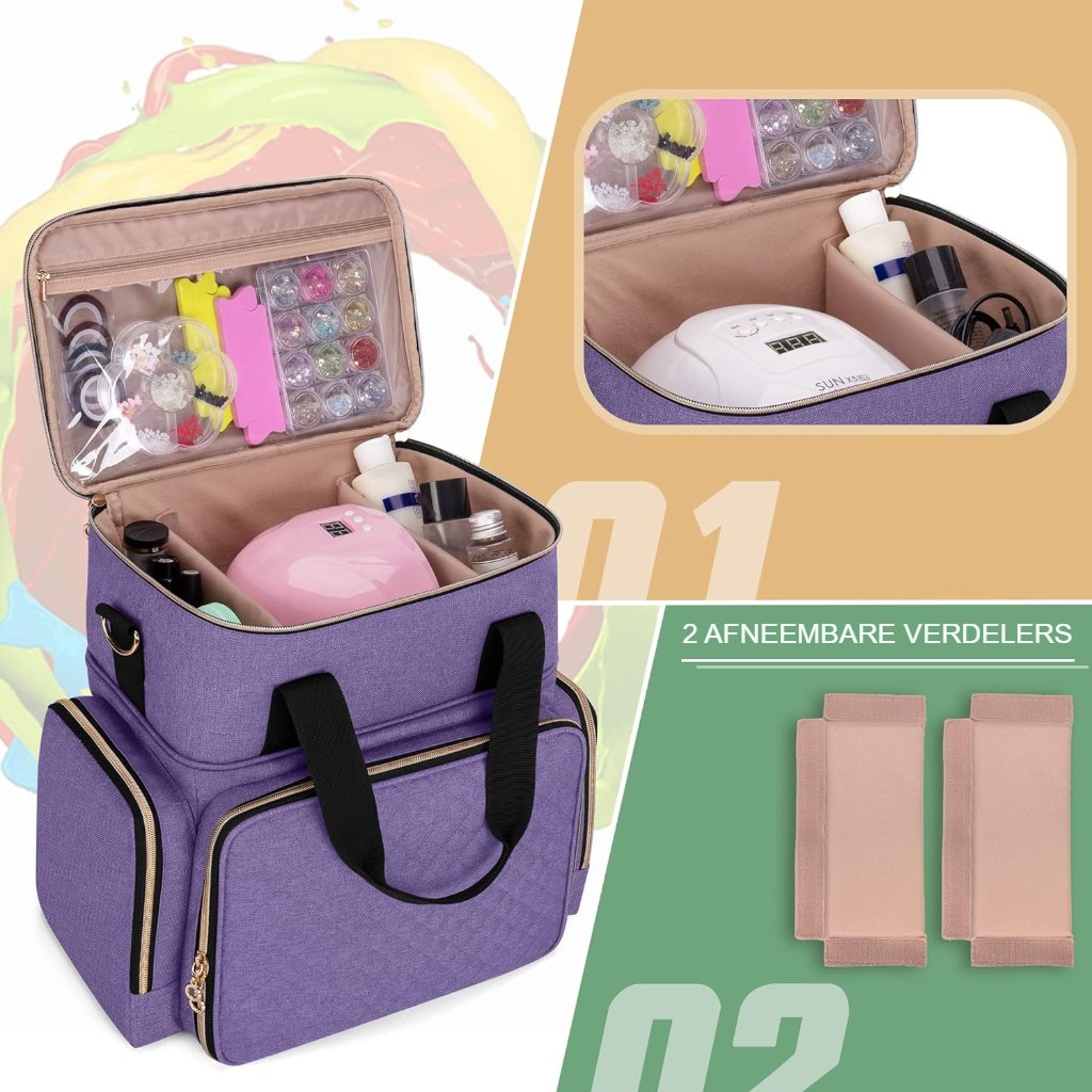 Grijze nagellak opbergdoos voor 70 flessen met handvat en make-up organizer indeling