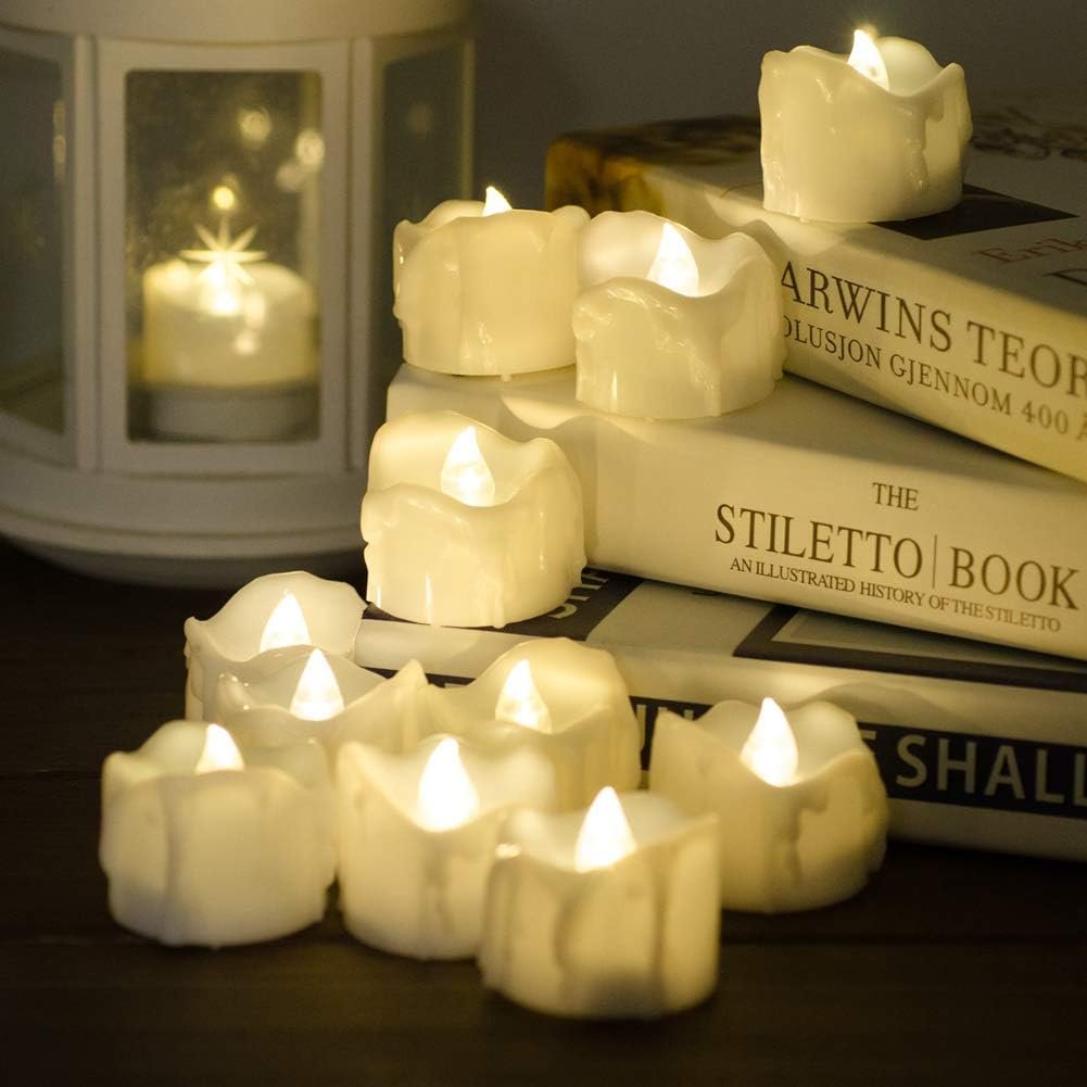 Flikkerende LED theelichtjes met warm wit licht, set van 12, op batterijen