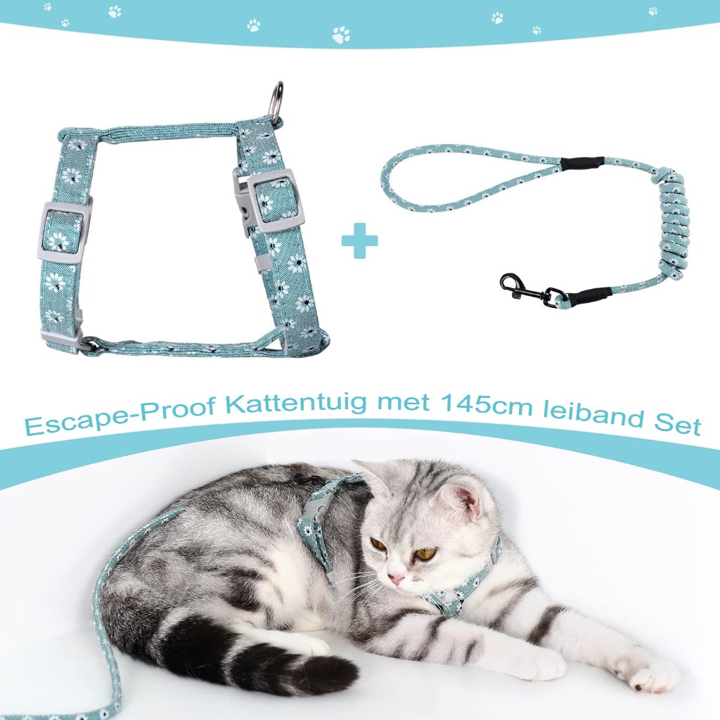 Verstelbaar blauw kattenharnas met touwlijn maat M