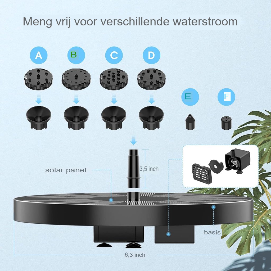 Bronskleurige zonne-energie vogelbad fontein met voederplaats, zonnepaneel en regelbare waterstraal