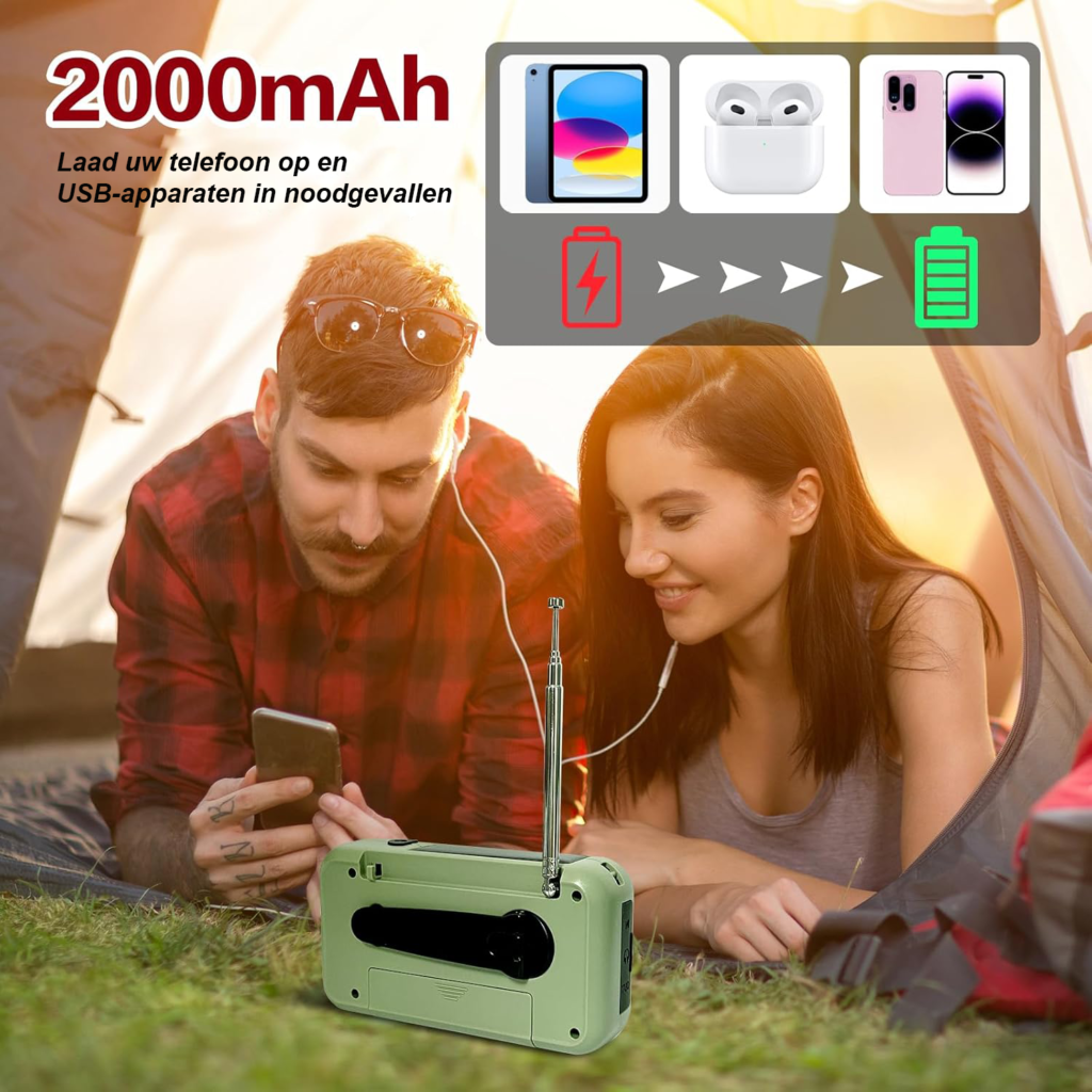 Draagbare noodradio met FM/AM, handcrank, zonne-energie, 2000mAh powerbank en LED zaklamp voor outdoor gebruik