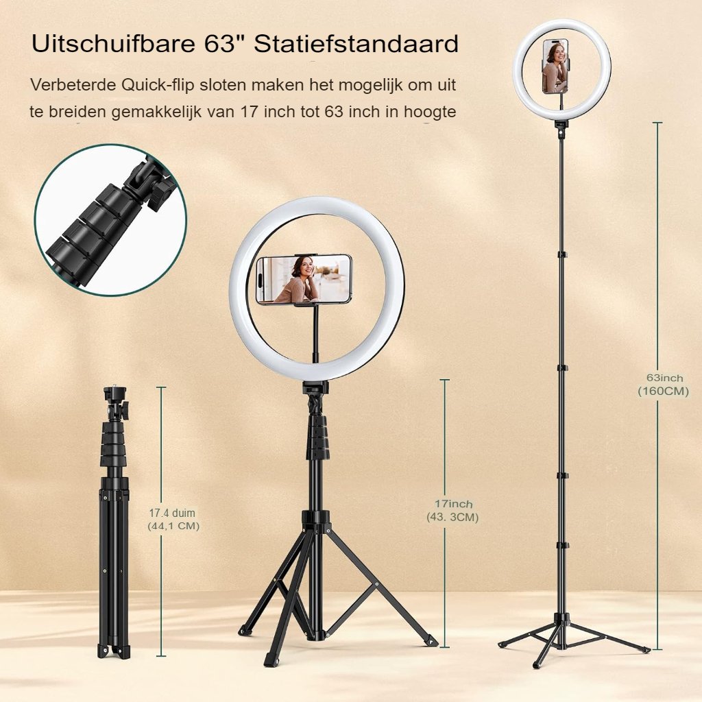 Verstelbaar ringlicht met diverse lichtstanden en afstandsbediening voor video-opnames en streaming