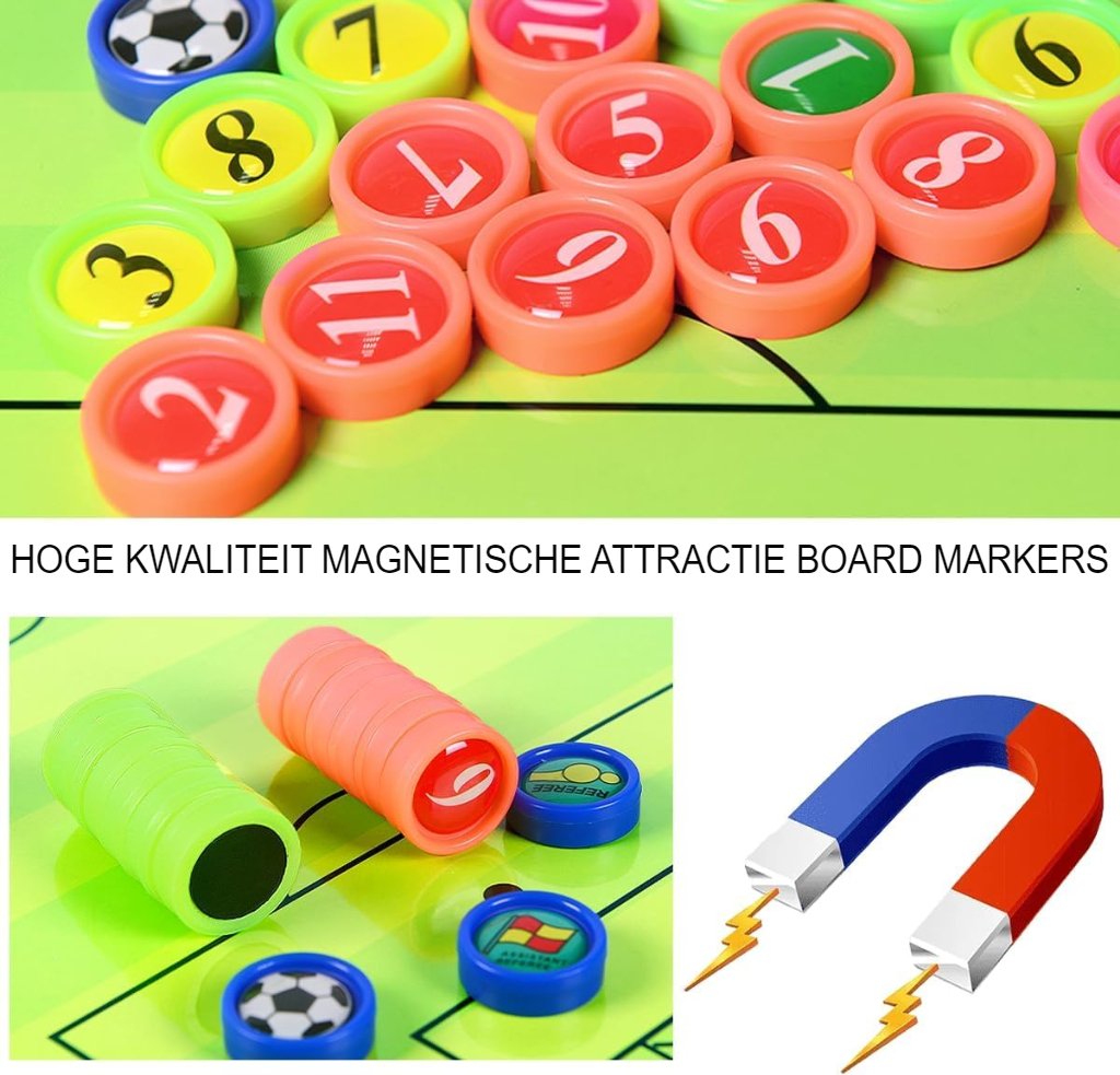 Voetbaltactiekbord voor voetbalcoach met magnetische figuren en scheidsrechterfluiten in groen