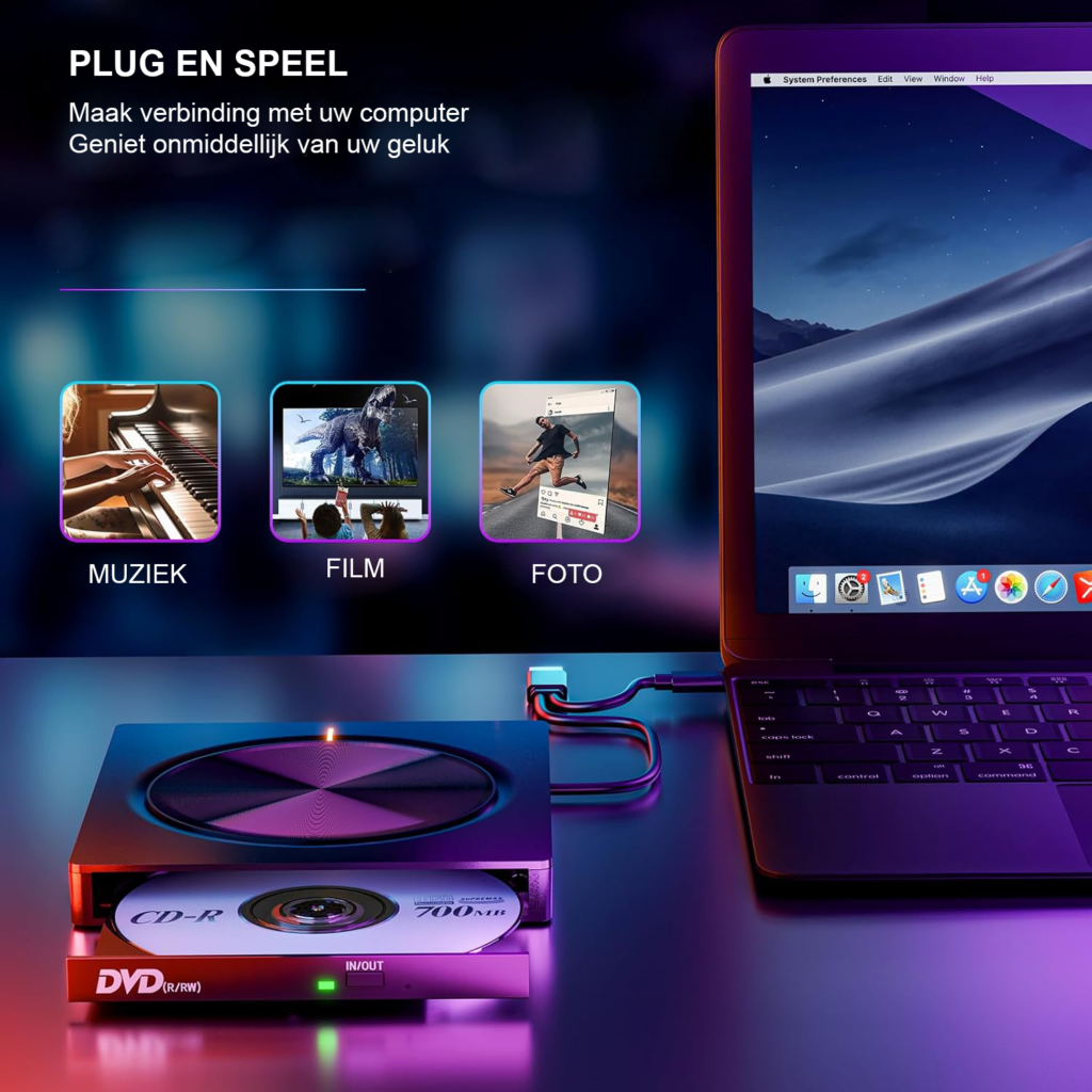 Externe CD/DVD speler met USB 3.0 en USB-C voor laptop en desktop met draagbare DVD brandfunctie en SD/TF slot