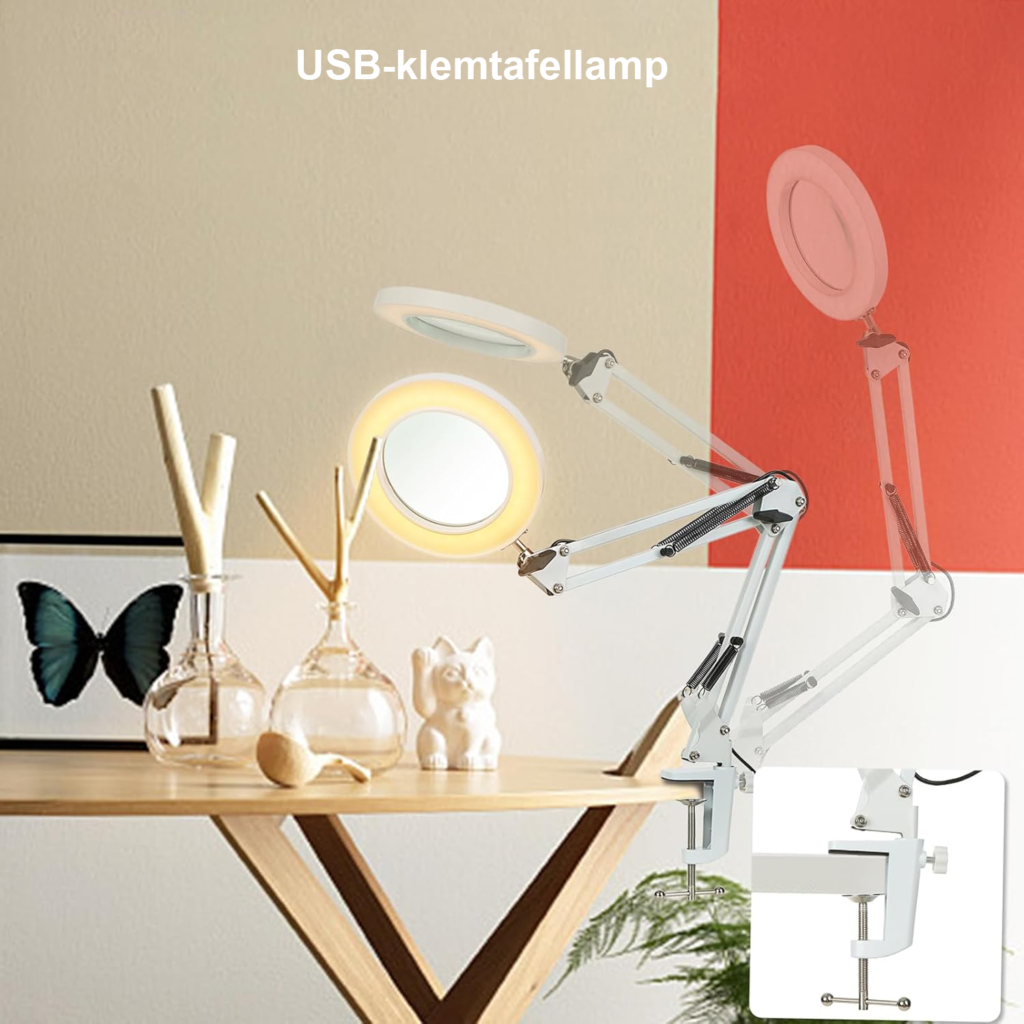 LED vergrootlamp met klem en 8x vergroting, verstelbare arm, 3 lichtkleuren en dimbare tafelverlichting voor hobby en werkplek