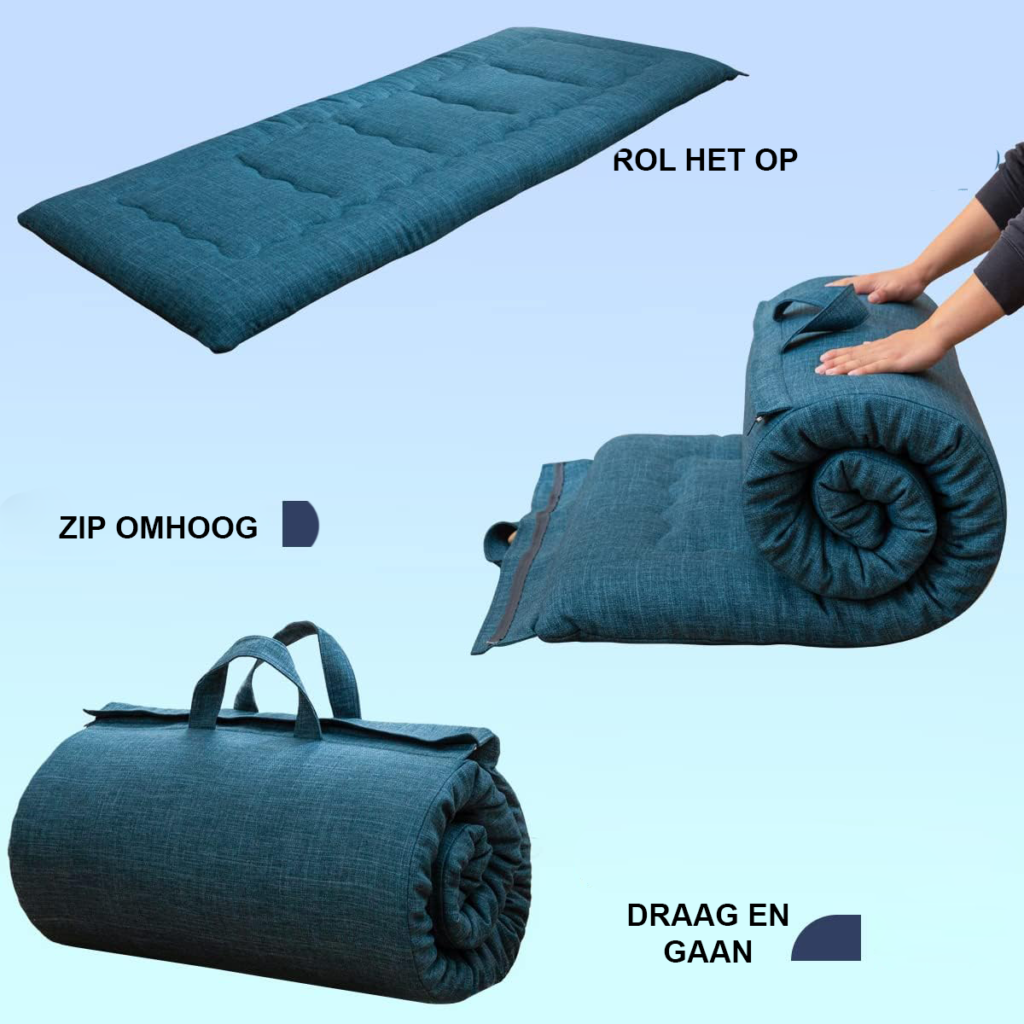 Opvouwbare futon matras van memory foam met handgreep en ritssluiting voor camping, logeerbed en binnengebruik 90 x 190 cm