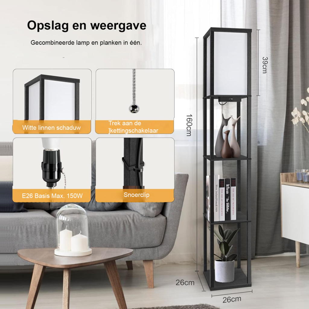 Staande LED vloerlamp met planken, dimbare verlichting en afstandsbediening voor woonkamer en slaapkamer