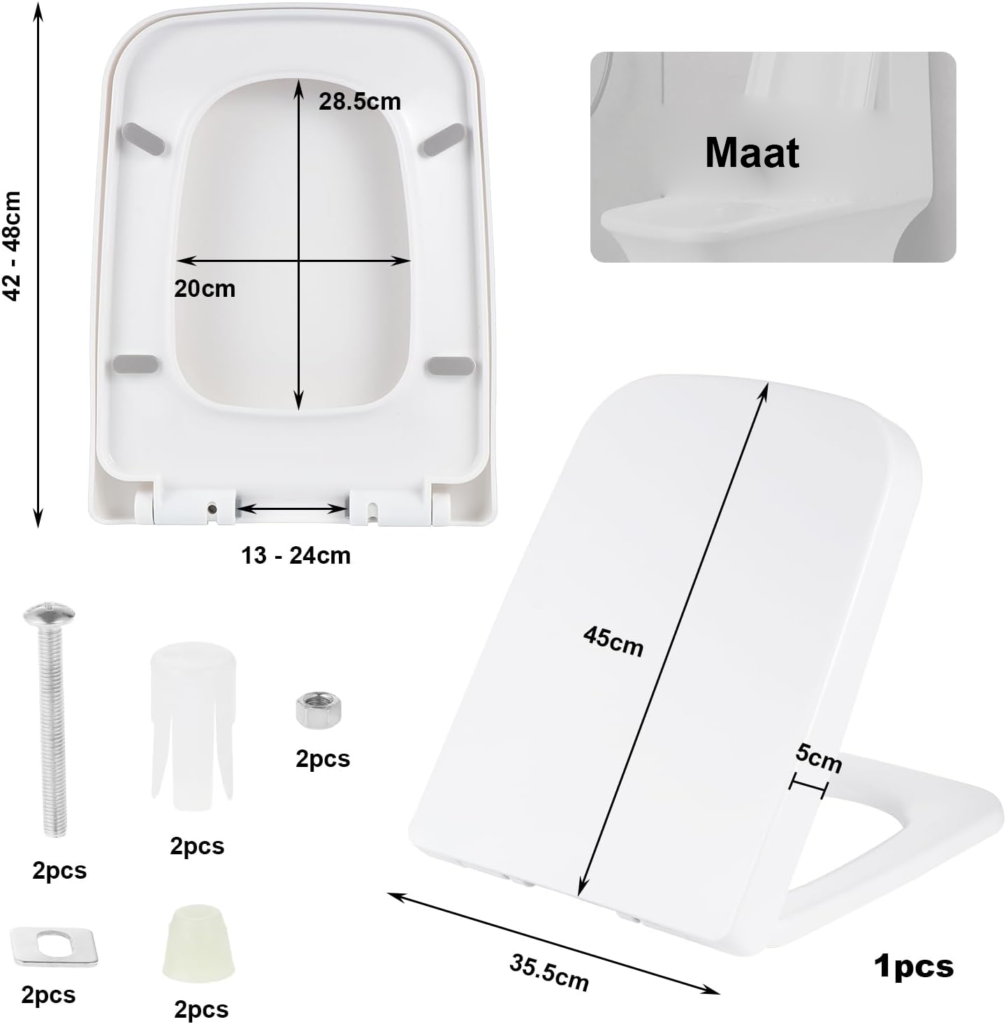 Toiletbril Wit Softclose - Toiletzitting met Snelsluiting en Antibacterieel Polypropyleen - Vierkante Vorm - 35 x 28 cm