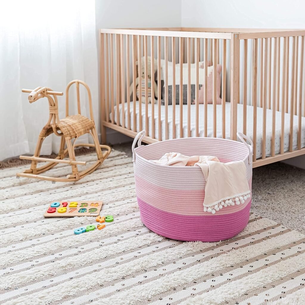 Roze opbergmand van katoenen touw, 50x33 cm, voor wasgoed, dekens, speelgoed en kussens