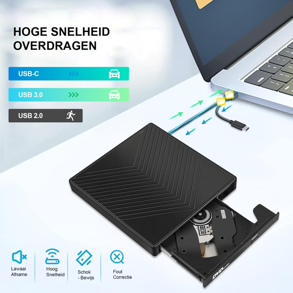 Externe CD/DVD-speler met USB 3.0, USB-C, SD- en TF-kaartlezer voor laptop en pc