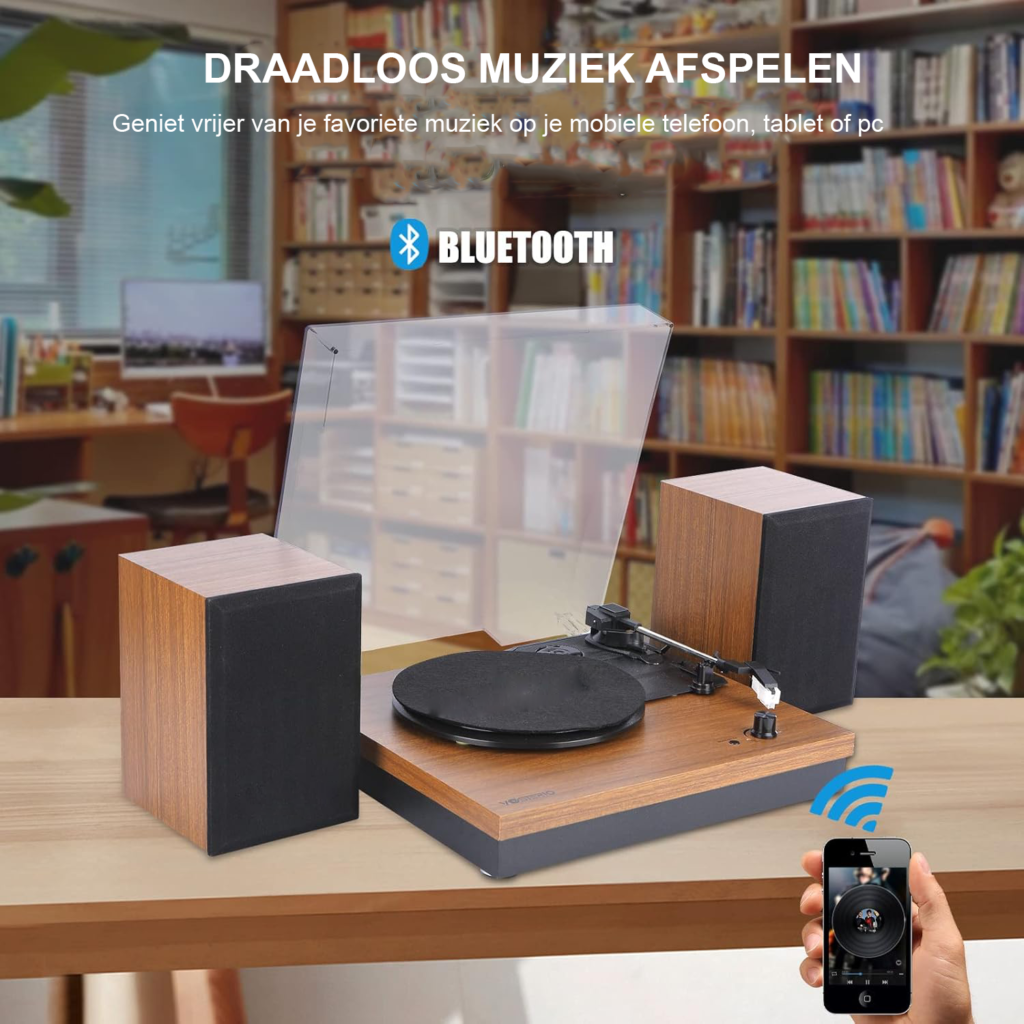 Platenspeler met Bluetooth en 2 externe 15W HiFi speakers in walnoot uitvoering