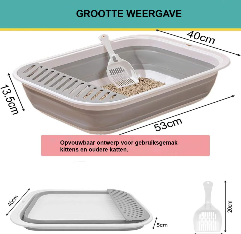 Lage open kattenbak met schep voor oudere katten en kittens