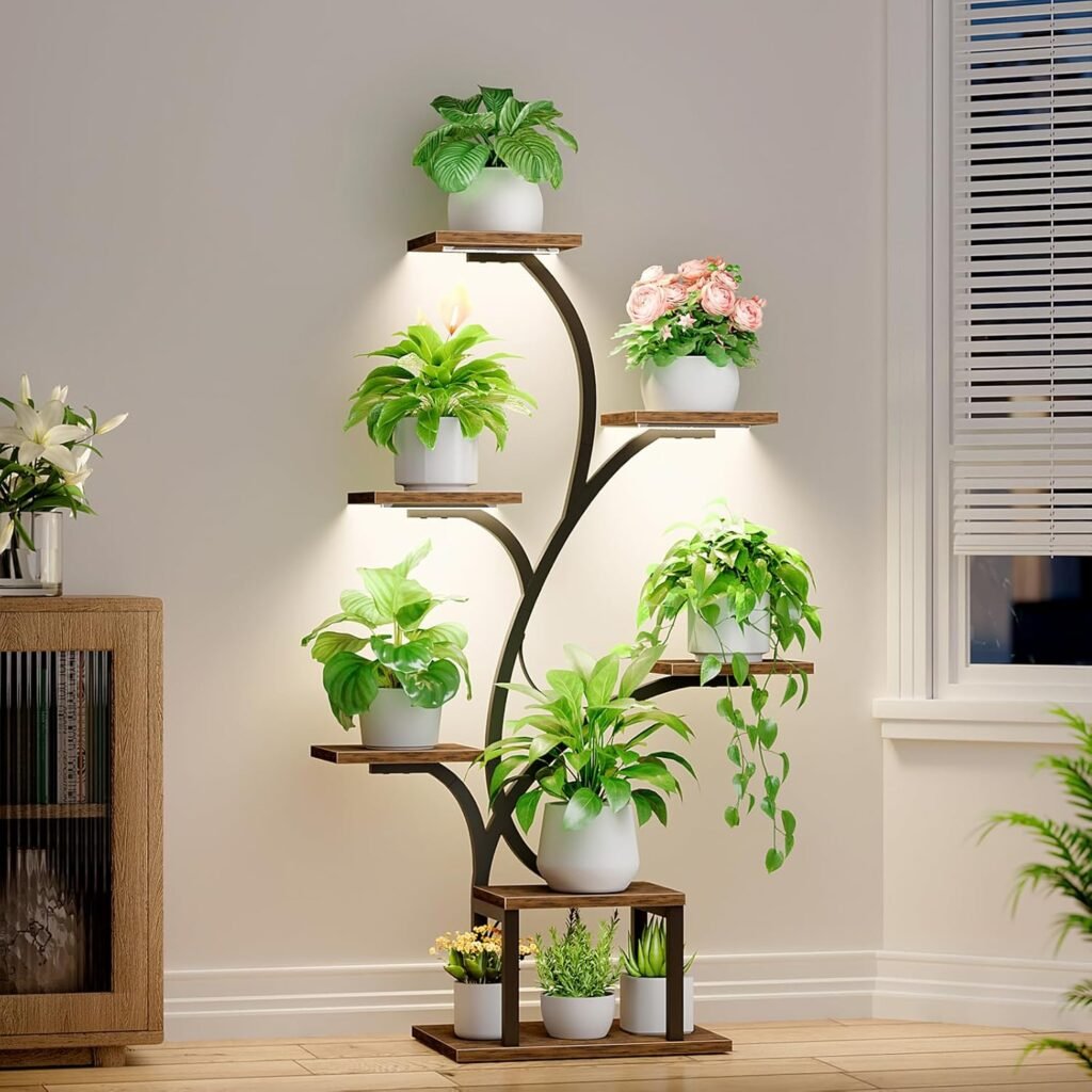 Plantenrek met groeilamp voor binnen, 7-laags metalen plantenstandaard met LED-verlichting en hoekmodel, 124,5 cm hoog