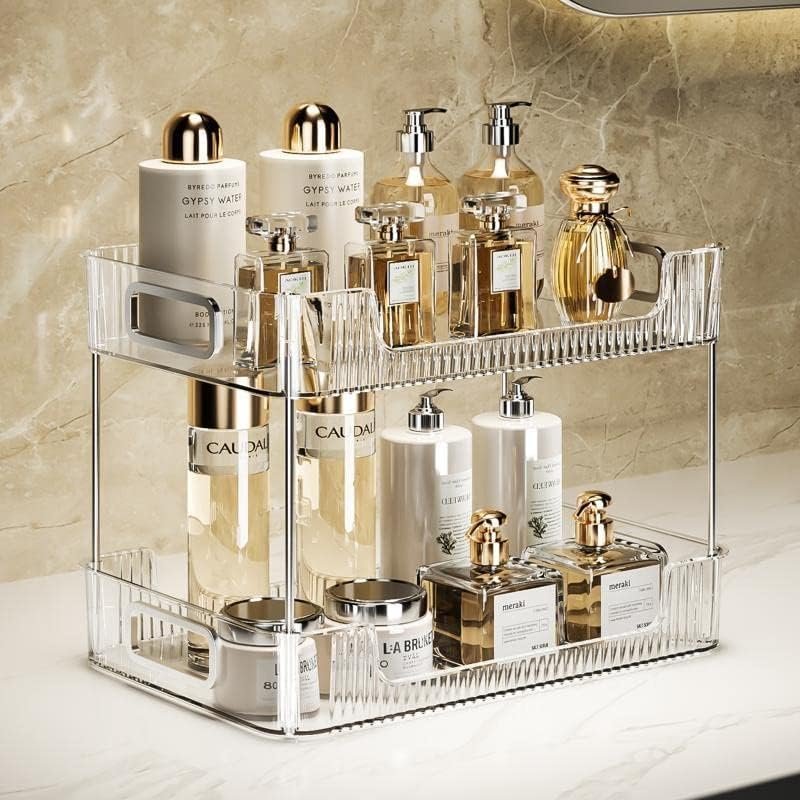 Grijze badkamer organizer met 2 lagen voor make-up, cosmetica en huidverzorging op de wastafel