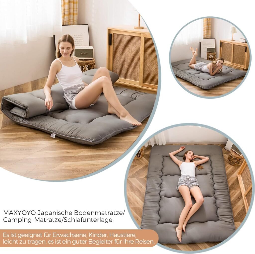 Opvouwbare Japanse futon 90x200 cm met hoofdkussen, rolbaar vloermatras in charcoal grijs voor slapen en logeren