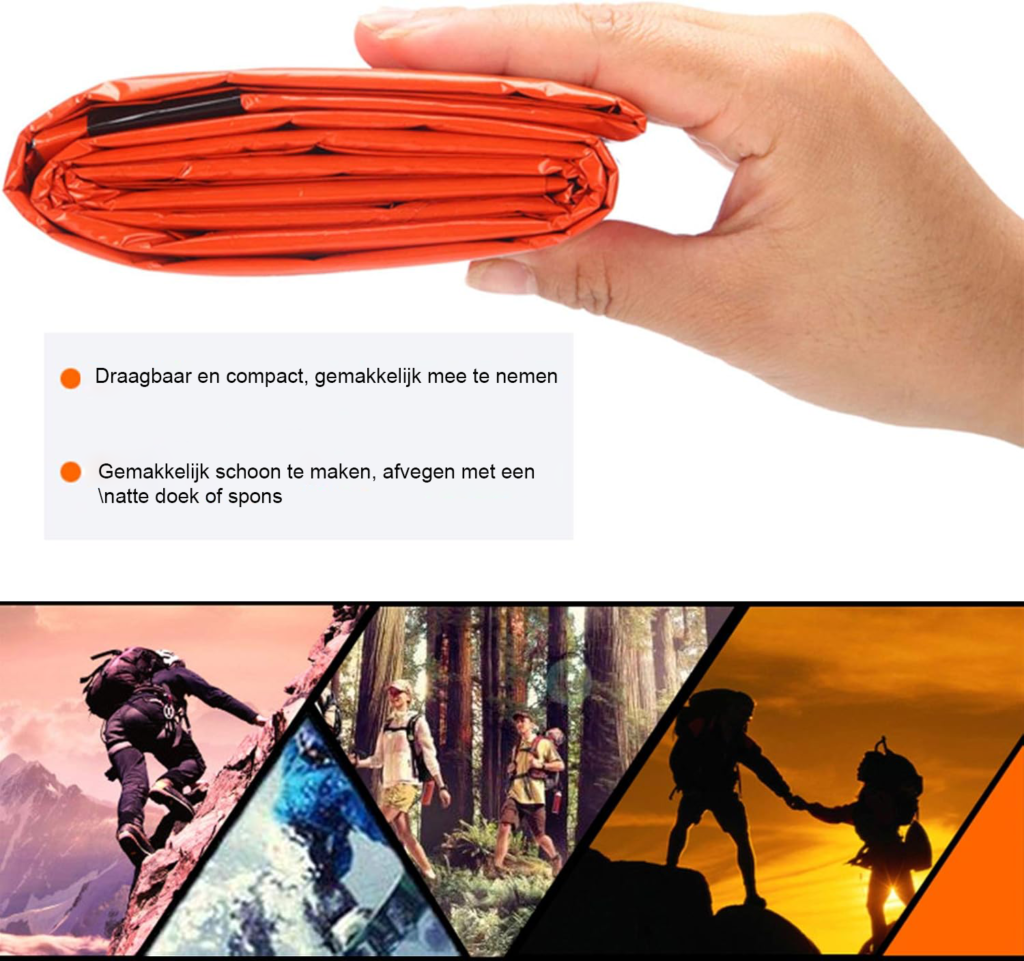 Lichtgewicht oranje noodslaapzak van PE- en aluminiumfolie voor kamperen en reizen