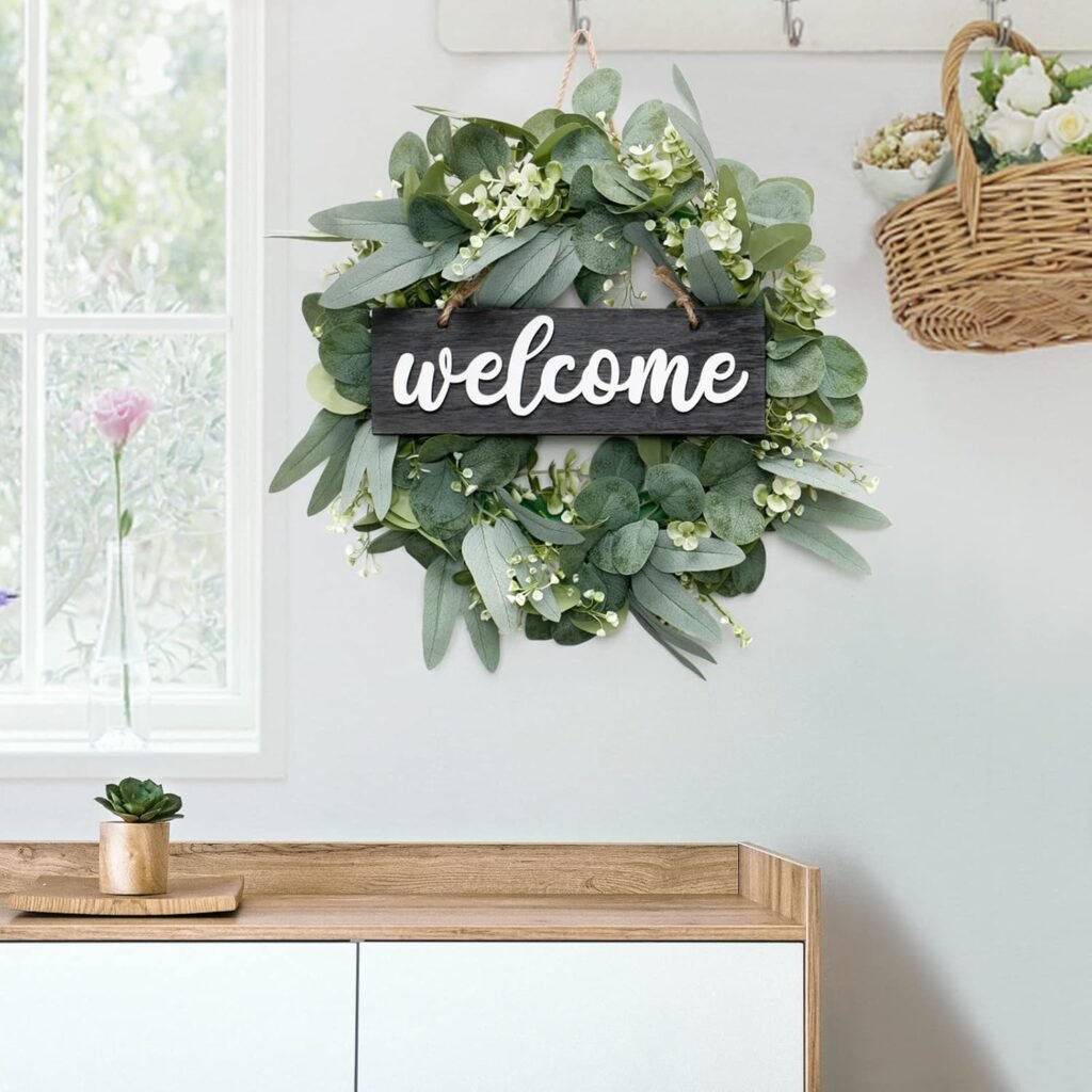 Eucalyptus bladeren krans voor voordeur 46 cm met welkom bord, groene kunstmatige deurkrans voor lente en zomer, raam- en wanddecoratie