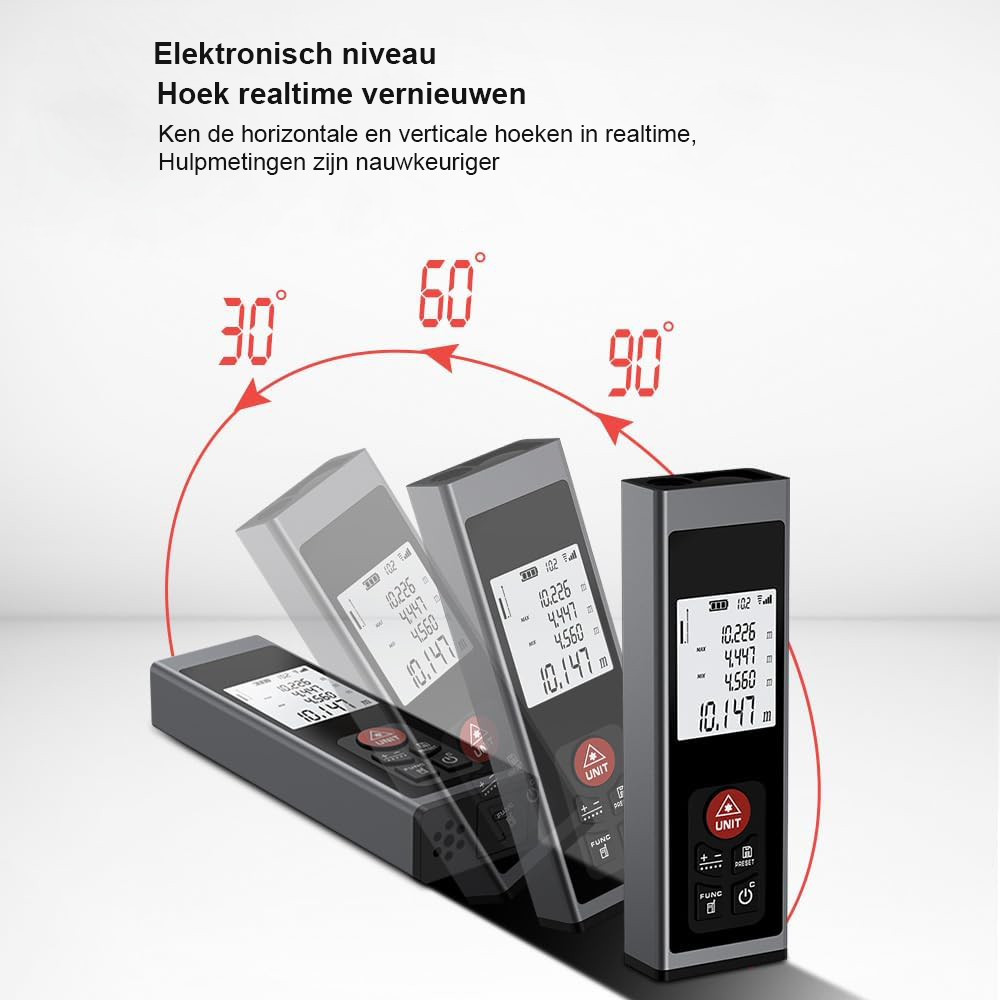Digitale laserafstandsmeter met elektronisch waterpas en LCD, USB-C oplaadbaar, voor afstands-, oppervlakte- en volumemeting