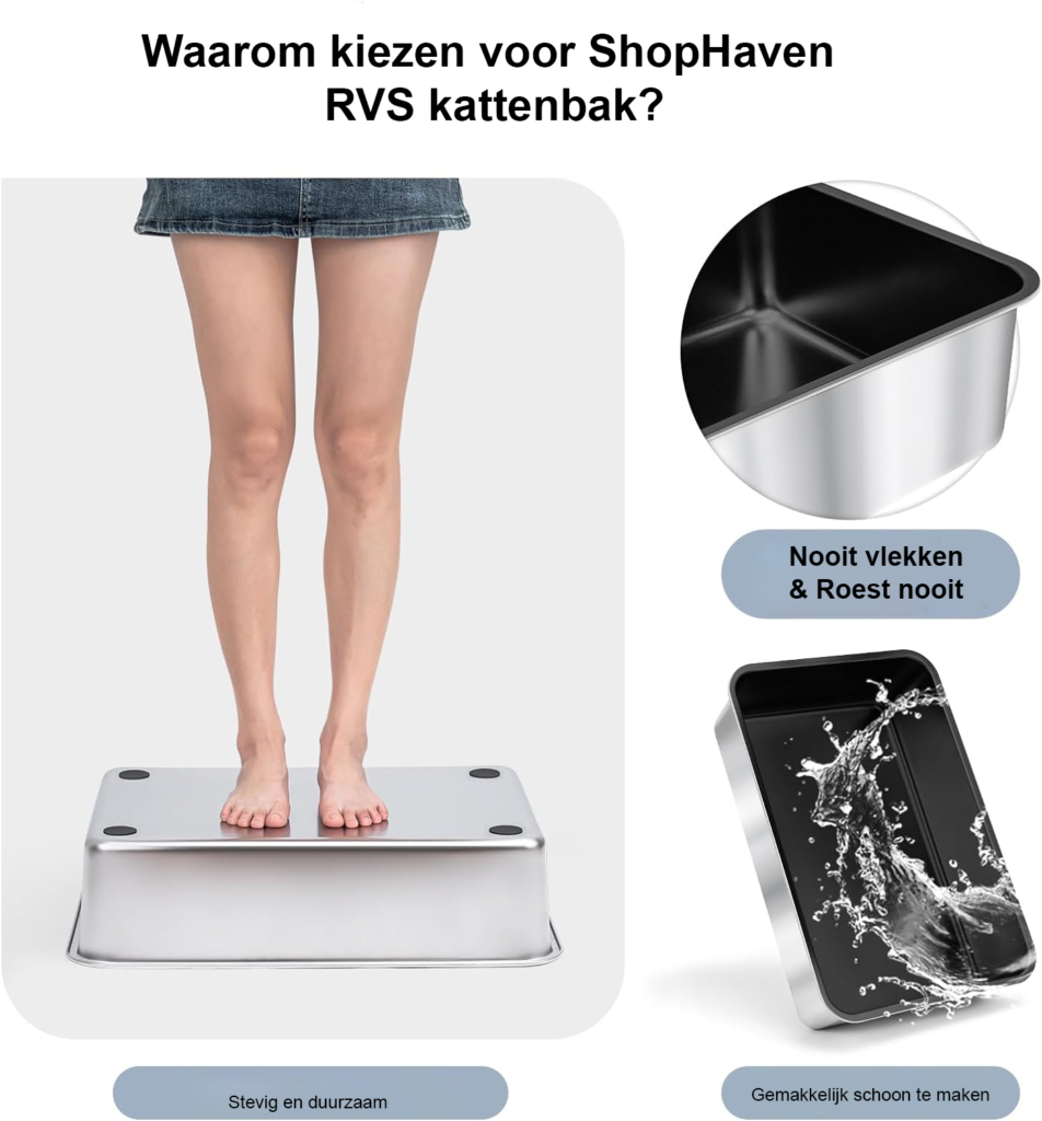 Roestvrijstalen kattenbak XL met deksel, hoge wanden en anti-lek ontwerp voor grote katten