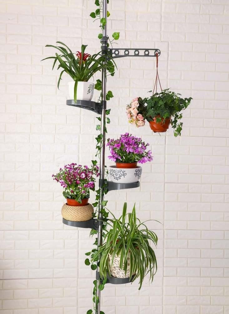 Telescopisch plantenrek met 4 legplanken en haak, verstelbaar, grijs, voor binnen en balkon
