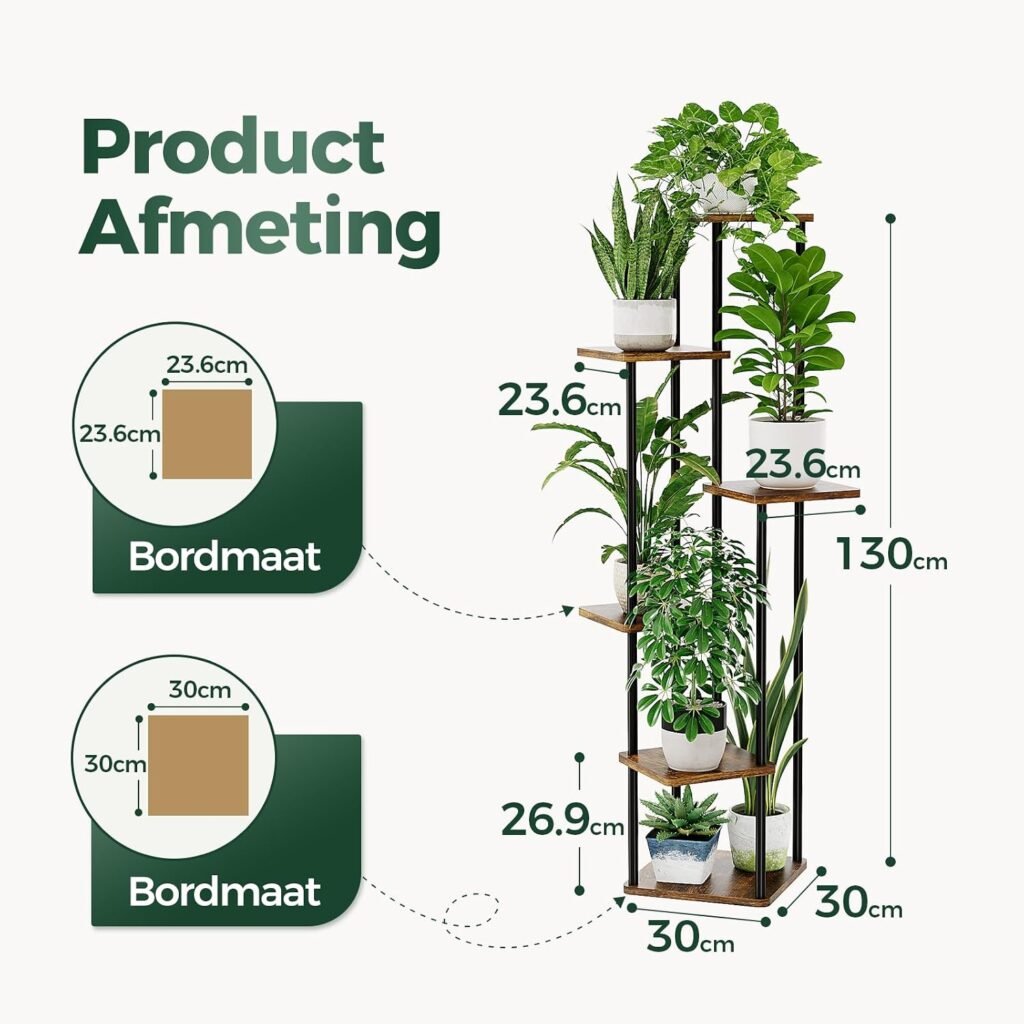 Bruin metalen plantenrek voor bloempotten en kamerplanten op balkon of buiten