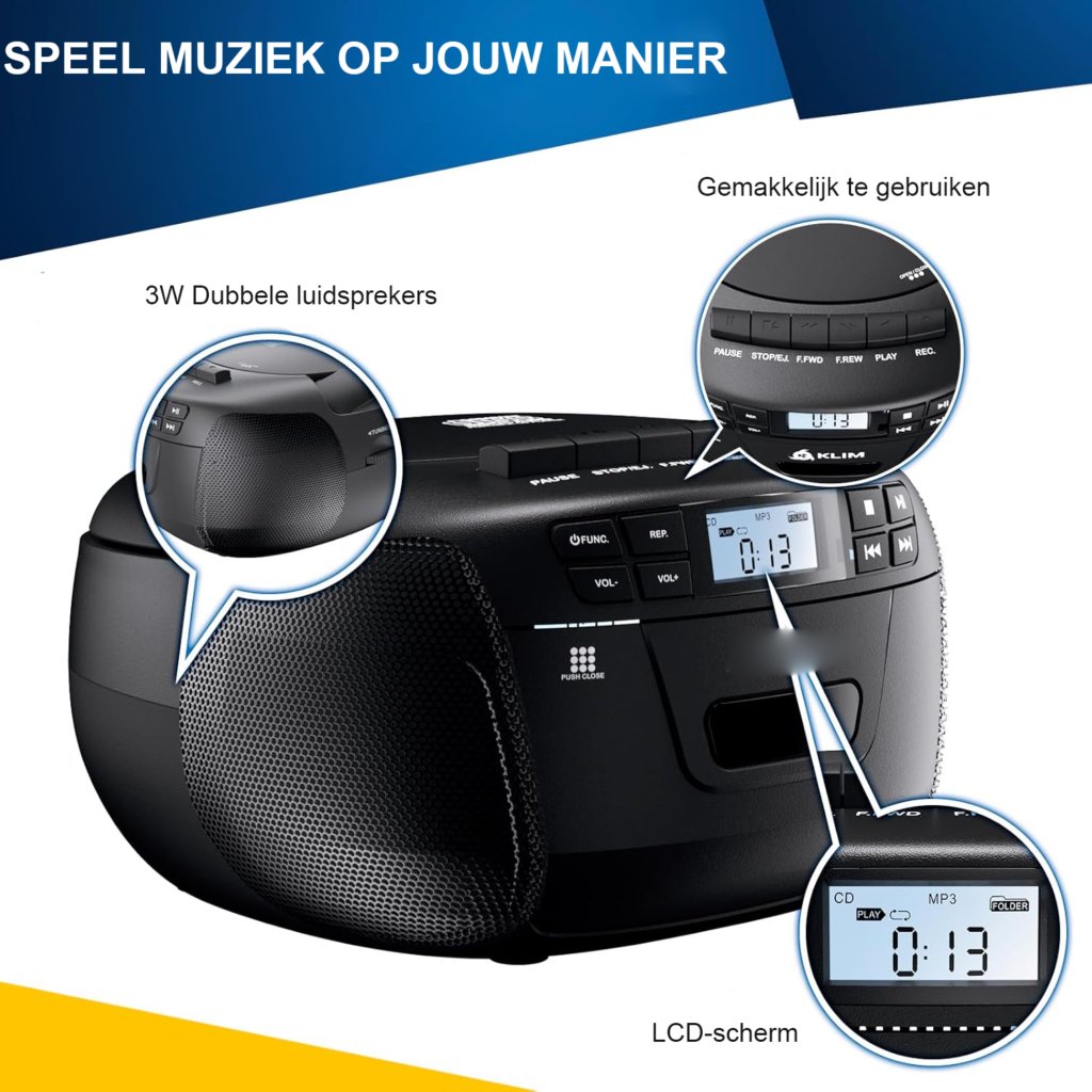 CD speler met cassette speler, AM/FM radio, Bluetooth, USB en AUX aansluiting