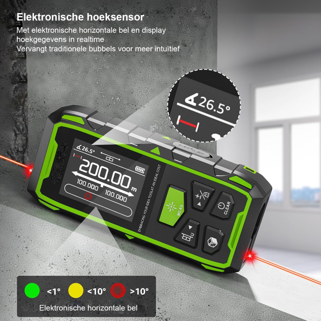 Maak kennis met de ultieme digitale laserafstandsmeting, een onmisbaar hulpmiddel voor zowel professionals als doe-het-zelvers. Met een bereik tot 396FT (ongeveer 120 meter) en tal van geavanceerde functies, is dit lasermeetinstrument ontworpen om de efficiëntie en nauwkeurigheid van al uw meetprojecten te verbeteren. Of u nu een huis aan het renoveren bent, een tuin aan het inrichten of gewoon de afmetingen van een ruimte wilt vastleggen, deze laserafstandsmeter levert de precisie die u nodig heeft. Het apparaat is uitgerust met twee waterpassen voor extra nauwkeurigheid, een verlicht LCD-scherm voor optimale zichtbaarheid, en verschillende meetmodi zoals oppervlakte- en volumemetingen. Dankzij de Pythagoras-modus kunt u zelfs indirecte afstanden meten, wat het ideaal maakt voor complexe meettaken. Dit apparaat is meer dan alleen een meetinstrument; het is een betrouwbare partner in al uw bouw- en renovatieprojecten. Voordelen Bereik tot 396FT voor veelzijdigheid Twee ingebouwde waterpassen voor extra precisie Verlicht LCD-scherm voor gemakkelijke aflezing Meetoppervlakte en volume moeiteloos Pythagoras-modus voor indirecte metingen Compact en draagbaar voor gebruik onderweg Hoogwaardige Laser Technologie voor Nauwkeurige Metingen De laserafstandsmeter maakt gebruik van geavanceerde lasertechnologie die zorgt voor nauwkeurige metingen tot 396FT. Deze technologie vermindert de kans op fouten die vaak optreden bij traditionele meetmethoden. De laserstraal is goed zichtbaar, zelfs in fel verlichte ruimtes, waardoor u met vertrouwen metingen kunt verrichten. Dit apparaat is perfect voor zowel binnen- als buitentoepassingen, waardoor het veelzijdig inzetbaar is voor diverse projecten, van bouw tot interieurontwerp. De nauwkeurigheid van het apparaat wordt gegarandeerd door het gebruik van moderne sensoren die zijn ontworpen voor precisie, wat leidt tot consistente en betrouwbare resultaten bij elk gebruik. Twee Waterpassen voor Verbeterde Nauwkeurigheid Dit meetinstrument is uitgerust met twee waterpassen, die u helpen bij het correct positioneren van het apparaat voor optimale metingen. Deze functie is essentieel voor projecten waar precisie van groot belang is, zoals bij het ophangen van planken of het installeren van verlichting. De waterpassen zijn eenvoudig af te lezen en stellen gebruikers in staat om recht en nauwkeurig te meten zonder extra hulpmiddelen. Dit zorgt voor een snellere en eenvoudigere meetervaring, en vermindert de kans op fouten die kunnen voortkomen uit een verkeerd geplaatste meter. Verlicht LCD-Scherm voor Gemakkelijke Aflezing Het digitale LCD-scherm is voorzien van achtergrondverlichting, wat het eenvoudig maakt om metingen af te lezen, zelfs bij weinig licht. Dit is bijzonder handig voor professionals die vaak in verschillende omgevingen werken, van slecht verlichte kamers tot buiten in de volle zon. De duidelijke en overzichtelijke interface maakt het eenvoudig om door de verschillende functies van het apparaat te navigeren, waardoor gebruikers snel en efficiënt kunnen werken. Met deze functie kunt u moeiteloos al uw meetwaarden aflezen zonder dat u zich zorgen hoeft te maken over het lichtniveau. Verschillende Meetmodi voor Veelzijdig Gebruik Deze laserafstandsmeter biedt verschillende meetmodi, waaronder afstandsmeting, oppervlakte- en volumemetingen. Dit maakt het apparaat ideaal voor uiteenlopende toepassingen, van het berekenen van de hoeveelheid verf die nodig is tot het bepalen van de juiste afmetingen voor meubels. De Pythagoras-modus is bijzonder nuttig voor het meten van indirecte afstanden, zoals de hoogte van een muur of de afstand tussen twee punten waar direct meten niet mogelijk is. Hierdoor kunnen gebruikers complexe metingen eenvoudig en snel uitvoeren zonder de noodzaak voor extra apparatuur. Compact en Draagbaar Ontwerp Het lasermeetinstrument is ontworpen met draagbaarheid in gedachten. Het is lichtgewicht en compact, waardoor het gemakkelijk in uw gereedschapskist of tas past. Dit maakt het ideaal voor gebruik op de bouwplaats of bij thuisprojecten. U kunt het apparaat eenvoudig meenemen, waar u ook naartoe gaat, en het is klaar voor gebruik wanneer dat nodig is. Het ergonomische ontwerp zorgt ervoor dat het comfortabel in de hand ligt, wat het gemakkelijker maakt om langere tijd te meten zonder vermoeid te raken. Verpakkingsinhoud 1 x Digitale Laserafstandsmeting 1 x Beschermhoes 1 x Handleiding 2 x Waterpassen Productspecificaties Meetbereik: Tot 396FT (ongeveer 120 meter) Meetmodi: Afstand, Oppervlakte, Volume, Pythagoras Scherm: Verlicht LCD Waterpassen: 2 ingebouwd Draagbaar en lichtgewicht ontwerp Kies voor precisie en gebruiksgemak – bestel vandaag nog uw digitale laserafstandsmeting en transformeer uw meetervaring!