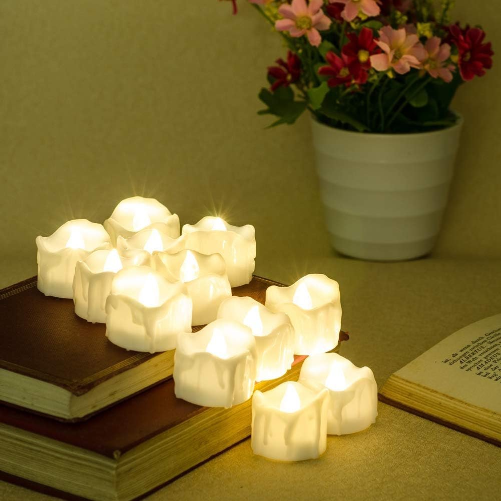 Flikkerende LED theelichtjes met warm wit licht, set van 12, op batterijen
