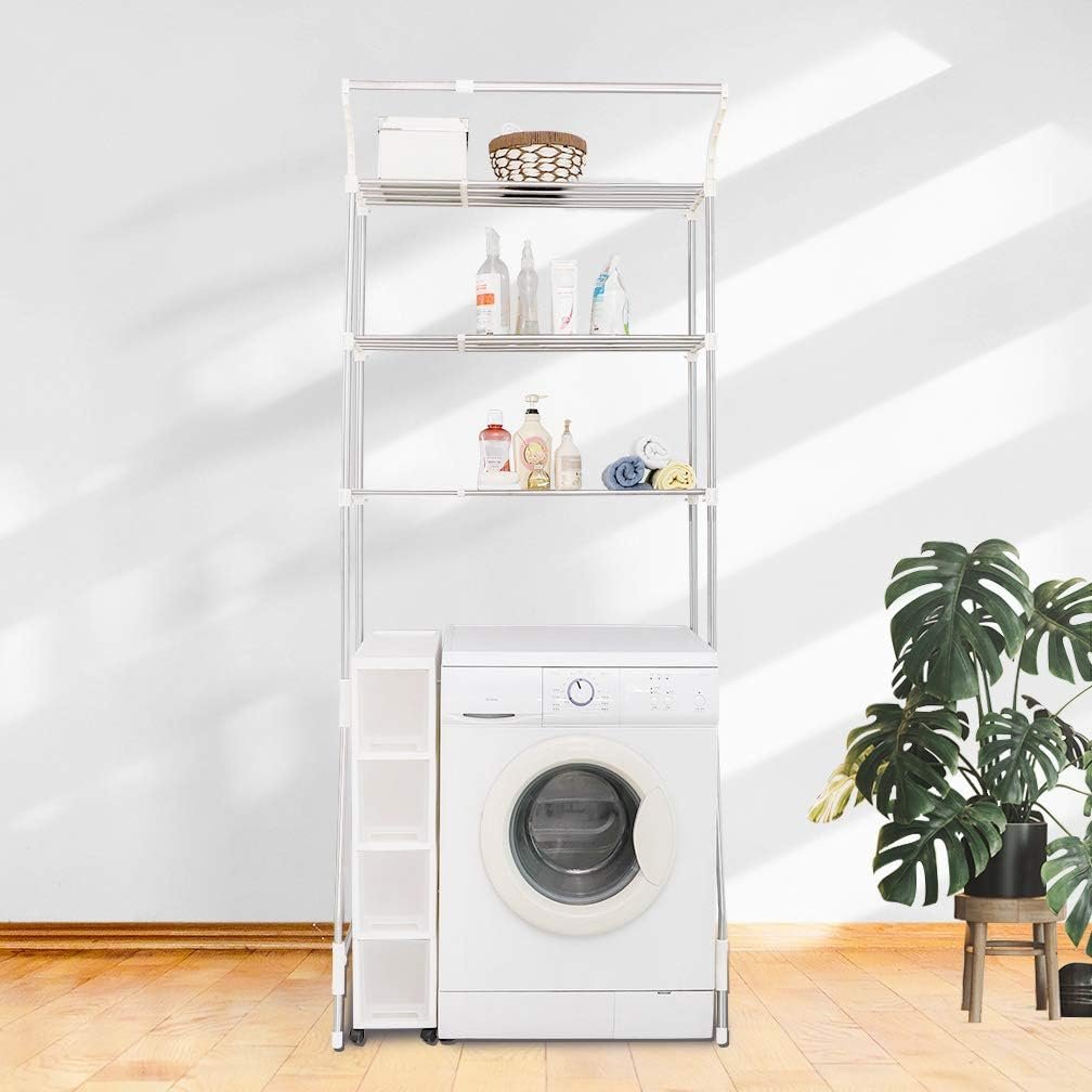 3-laags wasruimte rek met kledinghanger, verstelbaar opbergrek voor boven wasmachine of toilet, ivoor