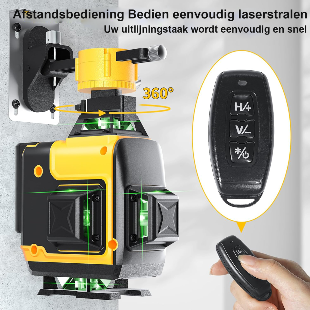4x360° Kruislijnlaser met 16 laserlijnen, zelfnivellerende laser met horizontale en verticale lijnen voor nauwkeurig meten