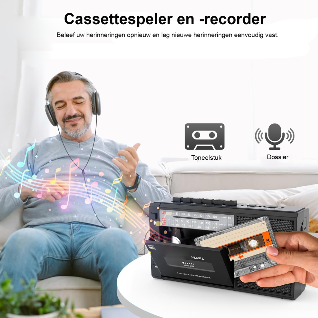 Draagbare cassette recorder met AM/SW/FM radio, Bluetooth speaker, zonnepaneel en LED-lamp