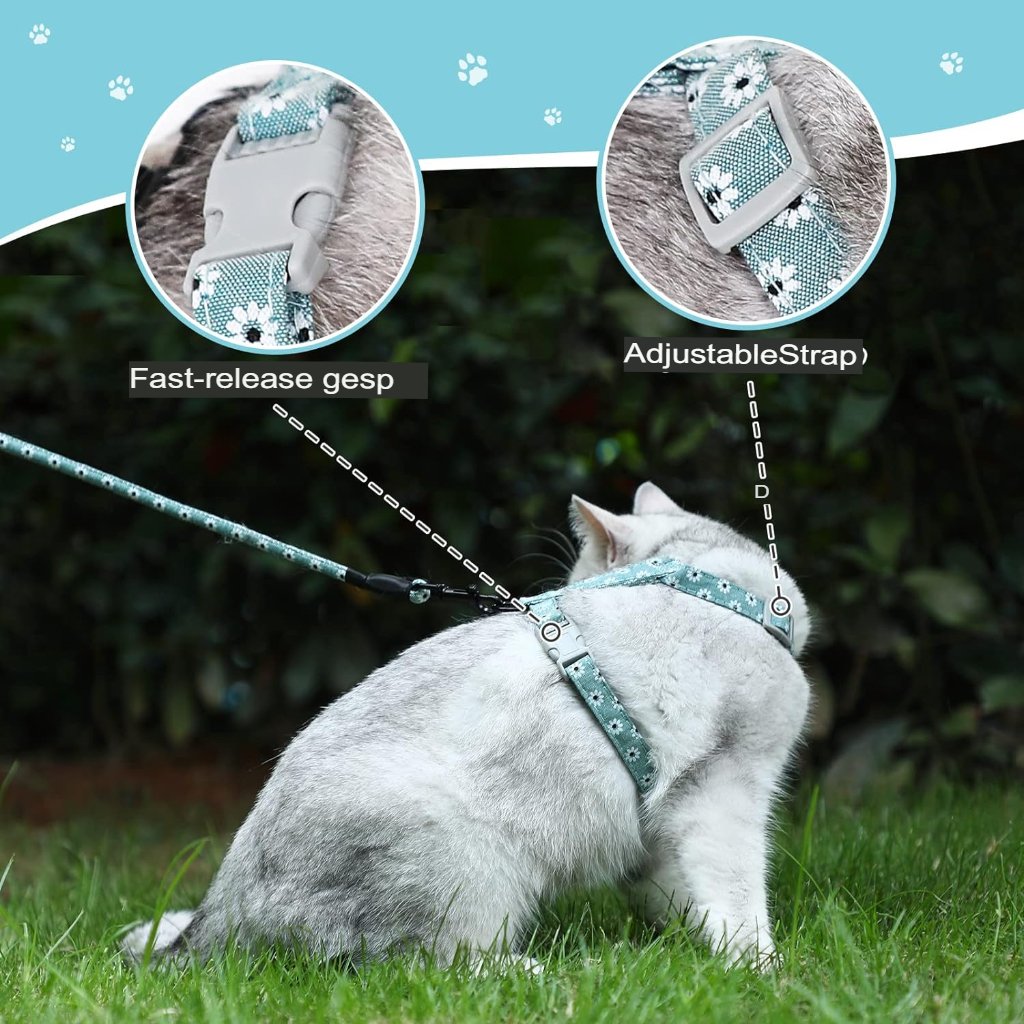 Verstelbaar blauw kattenharnas met touwlijn maat M