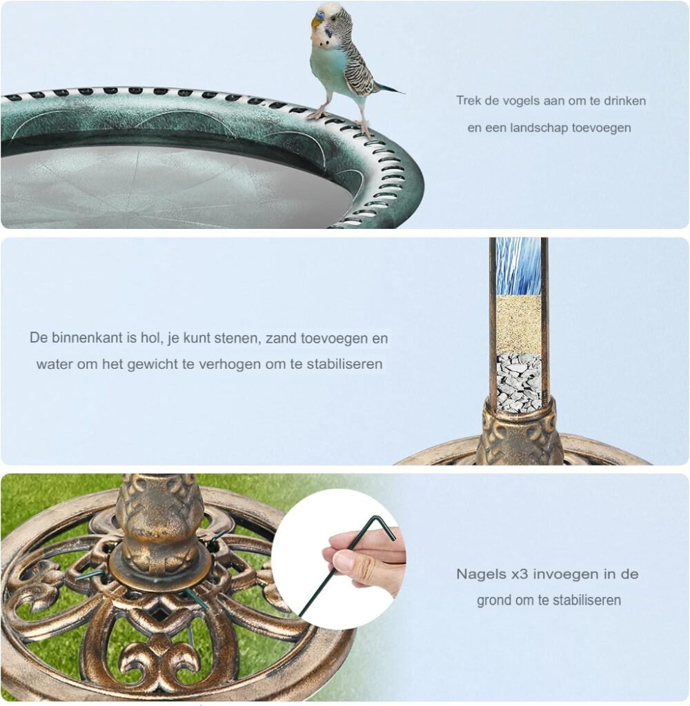Bronskleurige zonne-energie vogelbad fontein met voederplaats, zonnepaneel en regelbare waterstraal